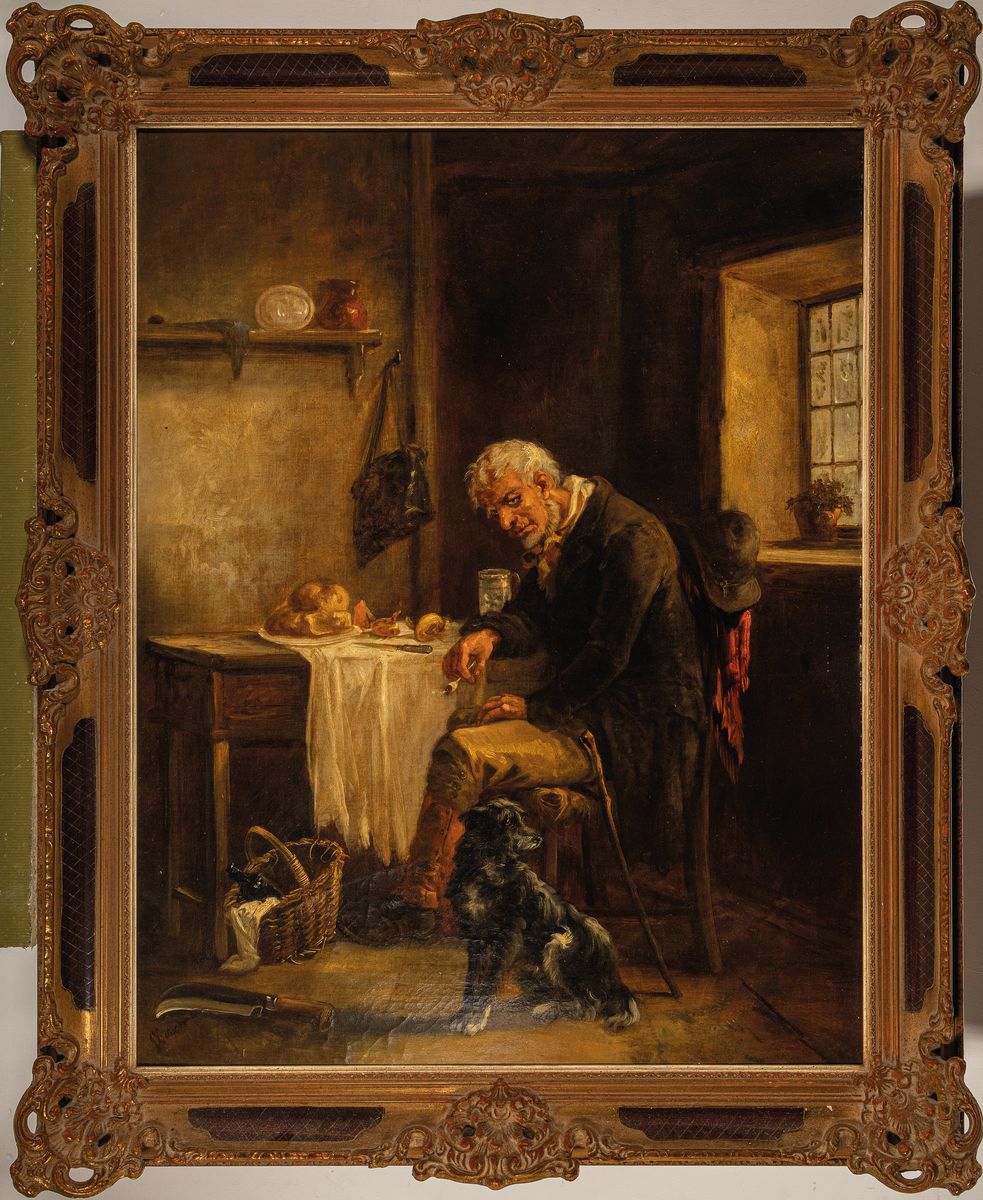 Detail k: John Joseph Barker of Bath, 1824-1904, Kücheninterieur, bärtiger Mann mit Hund und Tabakpfeife am gedeckten Tisch, Öl/Lwd, links unten signiert, ...