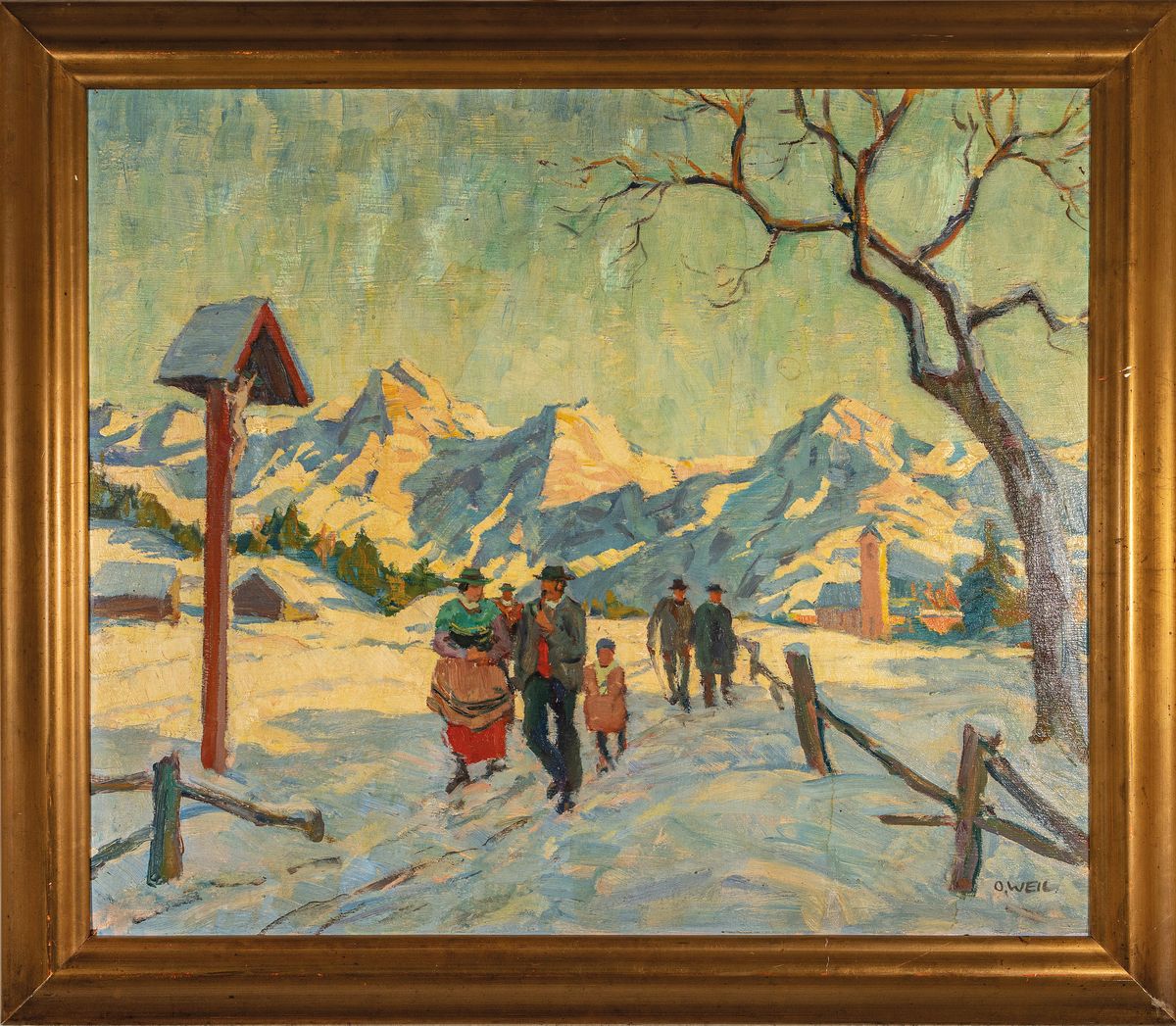 Detail k: Otto Weil, 1884 Friedrichsthal-1929 Saarbrücken, Kirchgang in den verschneiten Alpen, Öl/Holz, rechts unten signiert, ca. 59x69cm, R. ca. 70x80cm