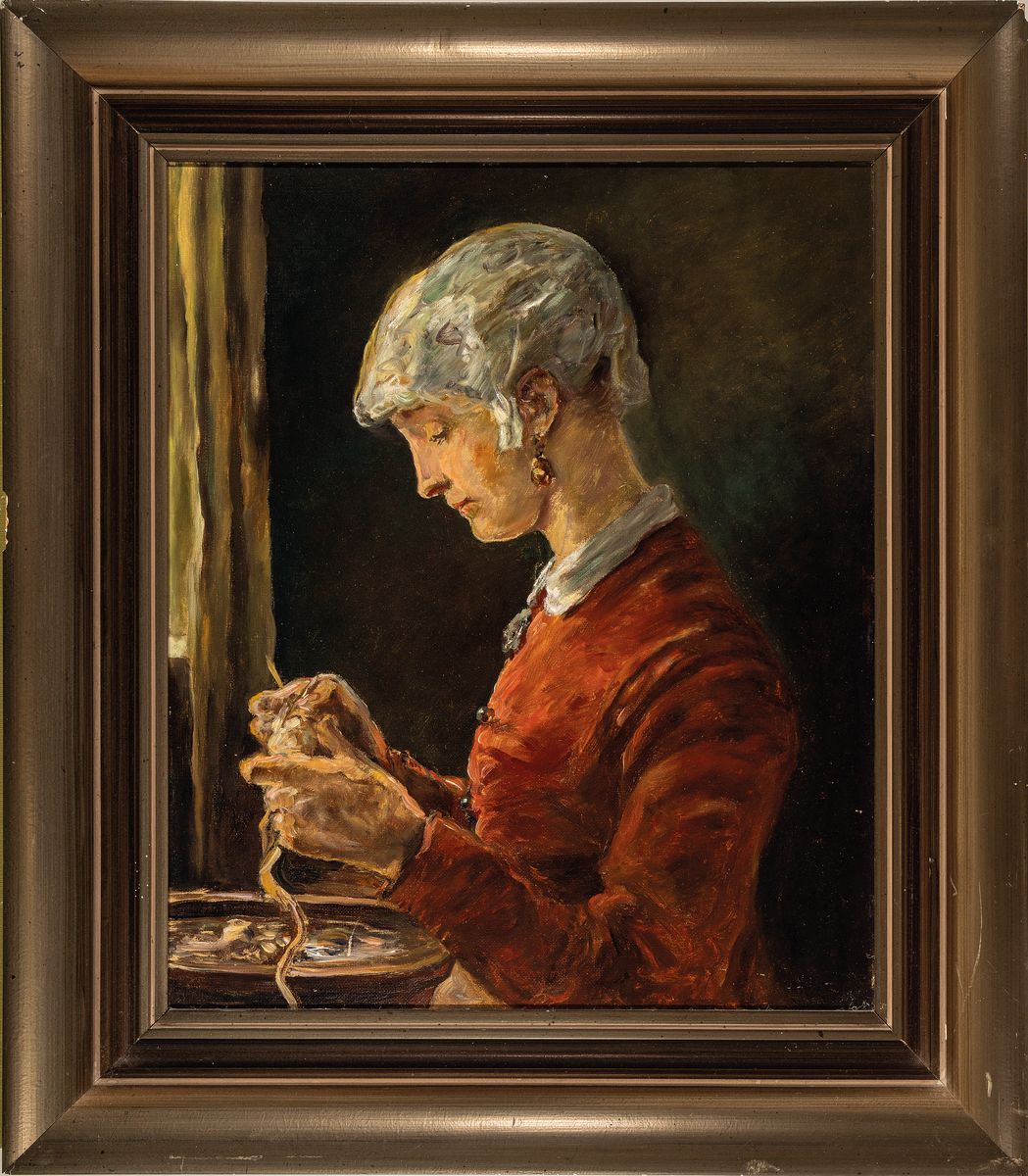 Detail k: Zuschreibung: Otto Weil, 1884 Friedrichsthal -1929 Saarbrücken, Junge Frau beim Kartoffelschälen, Öl/Holz, unsigniert, ca. 60x50cm, R. ca. 80x70cm