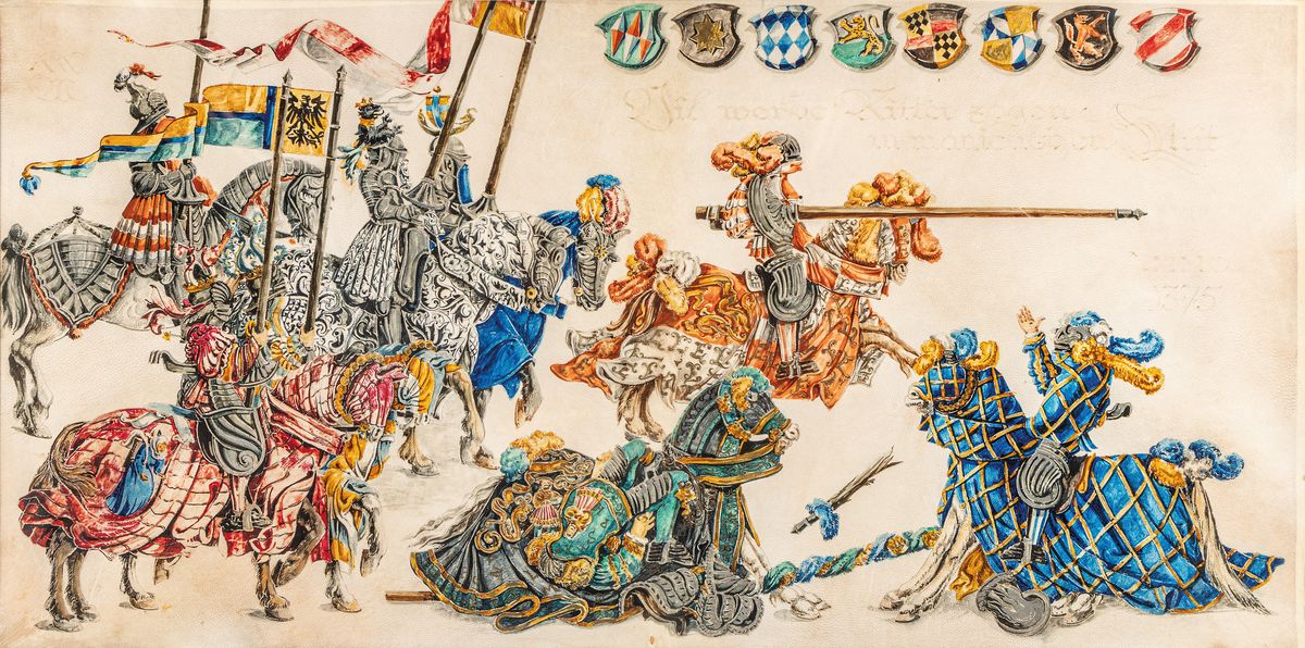 Zwei Gouachemalereien, deutsch, um 1900, nach dem Vorbild des 14. Jh., kämpfende Ritter, Gouache auf Pergament, eines leicht besch., je ca. 38x75cm, ...