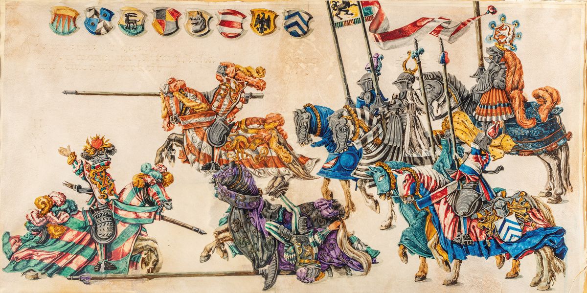 Detail a: Zwei Gouachemalereien, deutsch, um 1900, nach dem Vorbild des 14. Jh., kämpfende Ritter, Gouache auf Pergament, eines leicht besch., je ca. 38x75cm, ...
