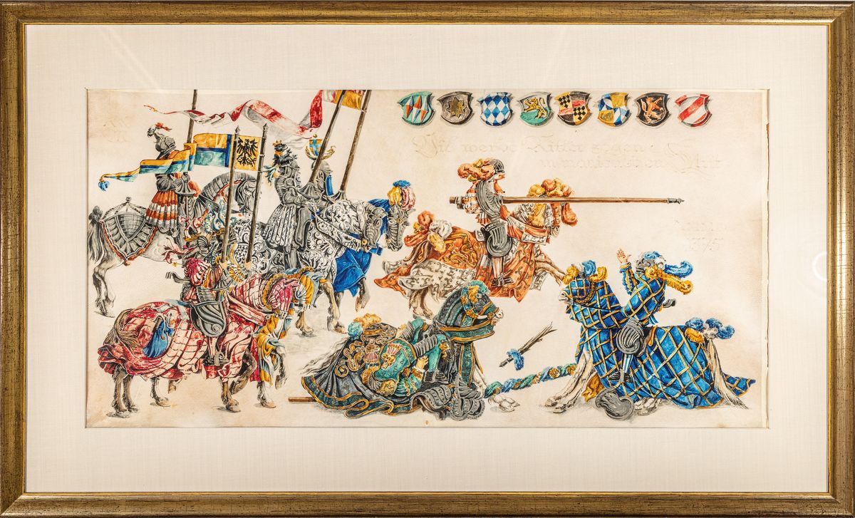 Detail k: Zwei Gouachemalereien, deutsch, um 1900, nach dem Vorbild des 14. Jh., kämpfende Ritter, Gouache auf Pergament, eines leicht besch., je ca. 38x75cm, ...