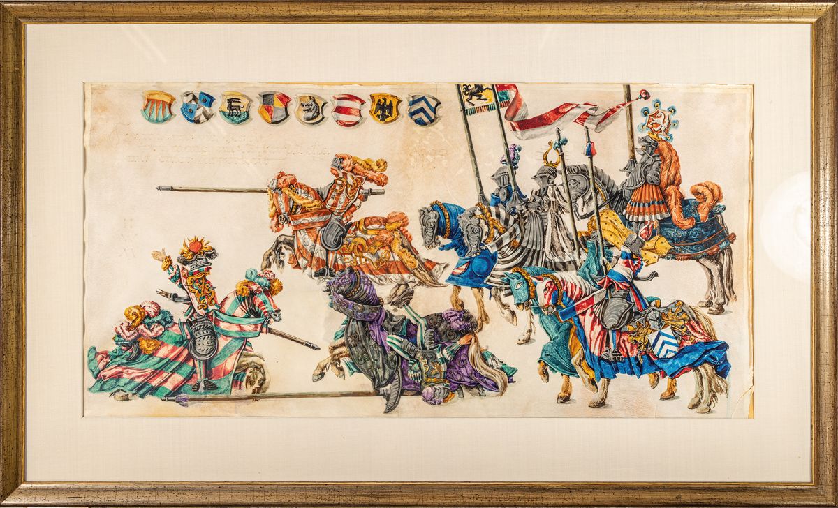 Detail l: Zwei Gouachemalereien, deutsch, um 1900, nach dem Vorbild des 14. Jh., kämpfende Ritter, Gouache auf Pergament, eines leicht besch., je ca. 38x75cm, ...