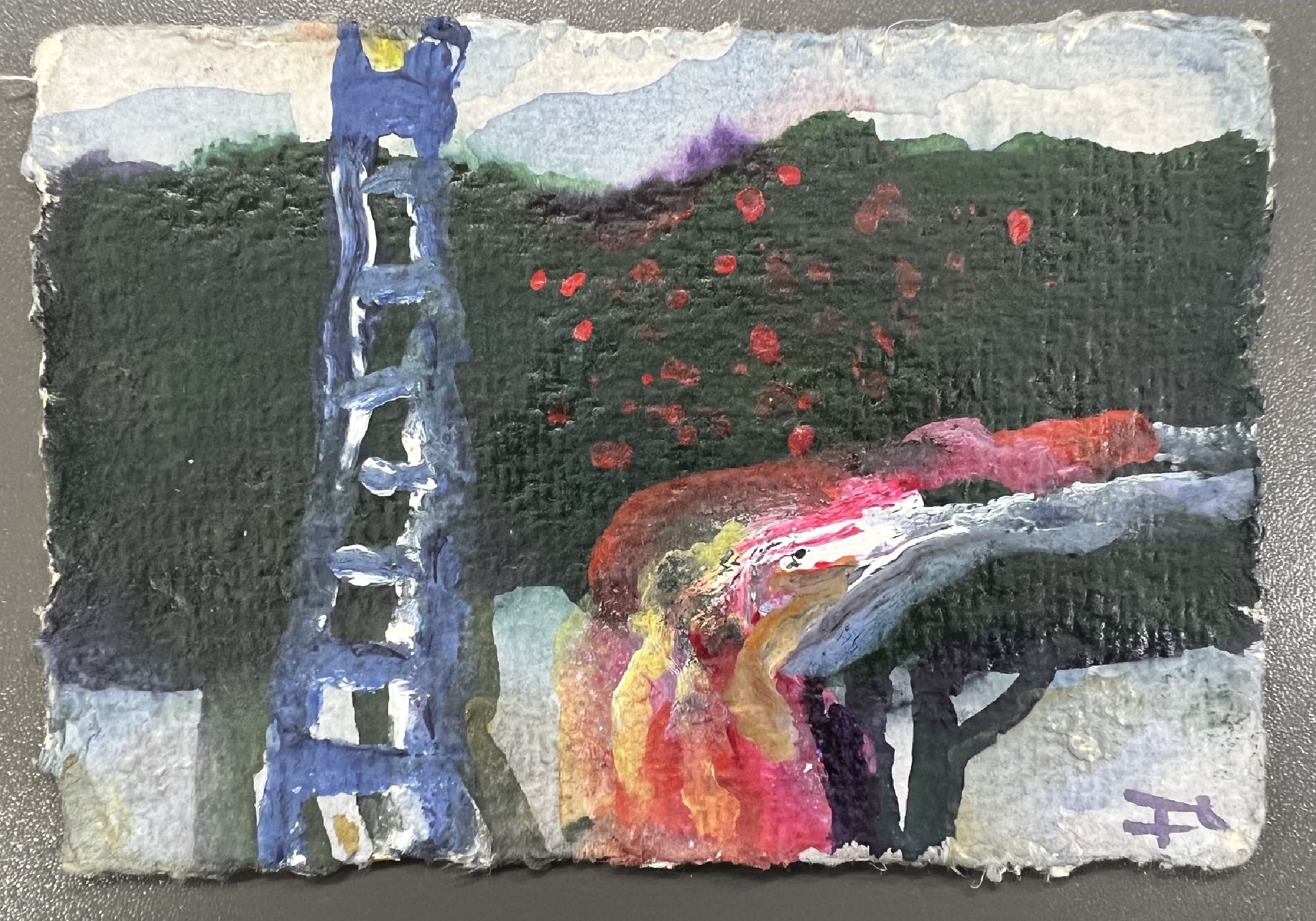 Klaus Fußmann, geb. 1938 Velbert, "Bäume, Feuer, Leiter", Aquarell/Gouache, verso sign., ca. 15x10 cm