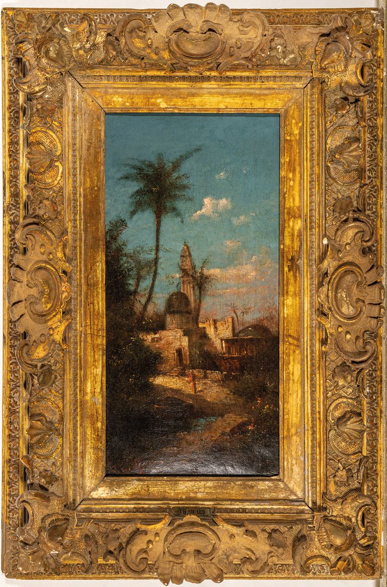 Detail k: Unbekannter Orientalist, wohl Frankreich, 2. Hälfte 19. Jh., Blick auf ein Gebäude, Öl/Lwd, rest., doubliert, rechts unten unleserlich signiert, ...