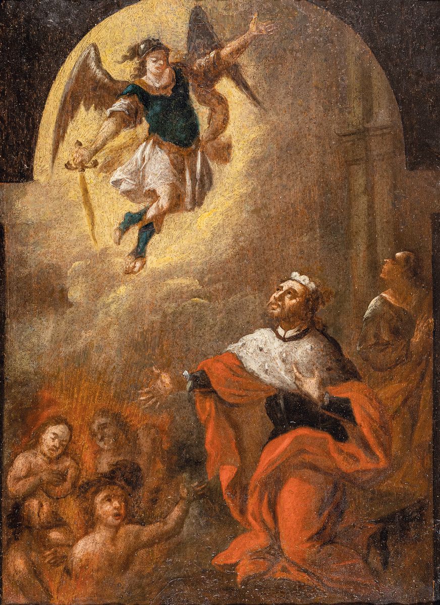 Unbekannter Maler, deutsch, um 1830-40, Der Erzengel Michael steigt vom Himmel, Öl/Lwd, ca. 33x24cm, R. ca. 44x35cm