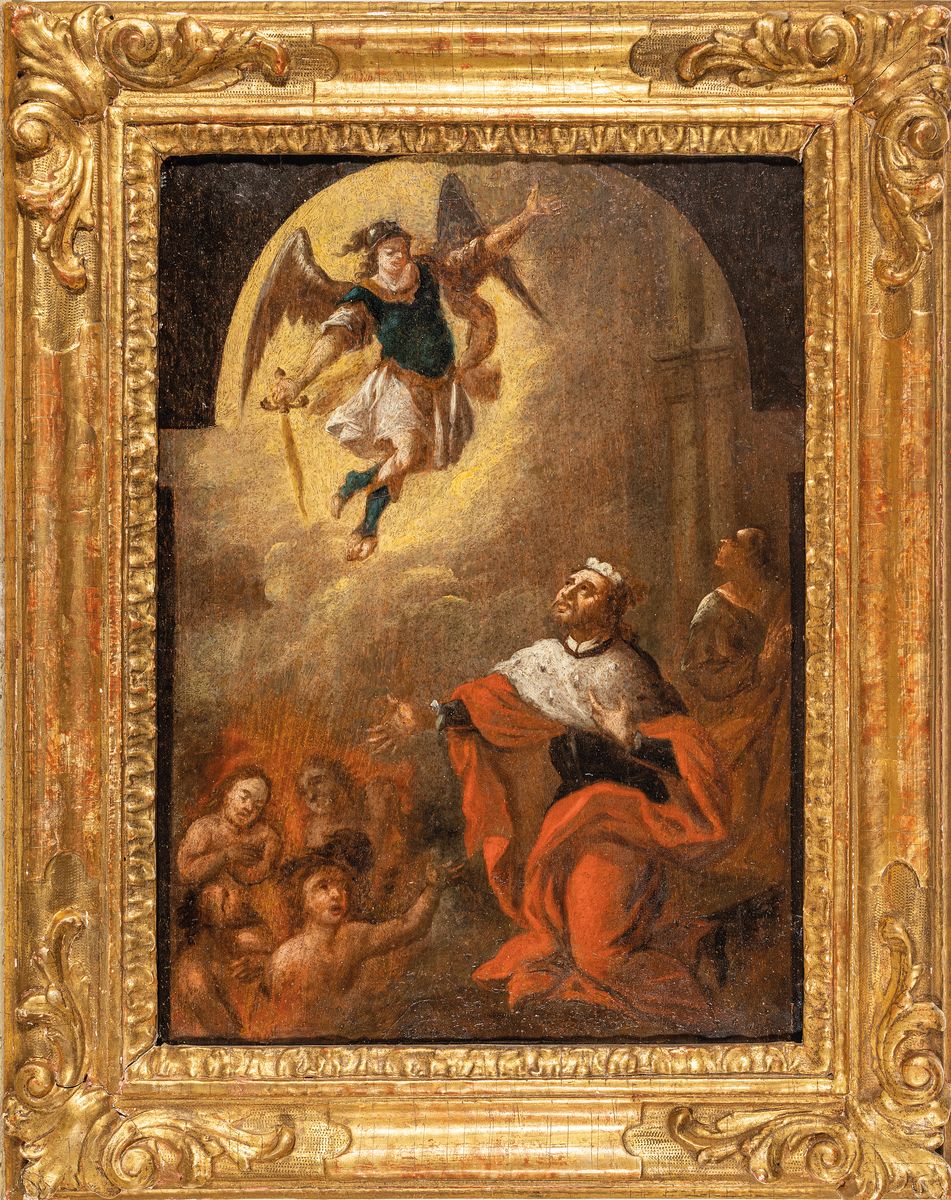 Detail k: Unbekannter Maler, deutsch, um 1830-40, Der Erzengel Michael steigt vom Himmel, Öl/Lwd, ca. 33x24cm, R. ca. 44x35cm