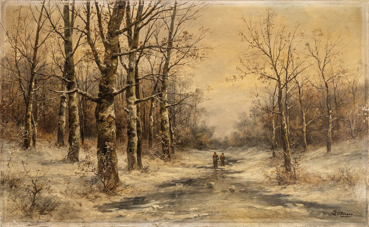 B. Ottinger, Maler der Düsseldorfer Schule, um1900, zwei Kinder auf einem verschneiten Waldweg, Öl/Lwd, kleinere Rest., ca. 50x80cm
