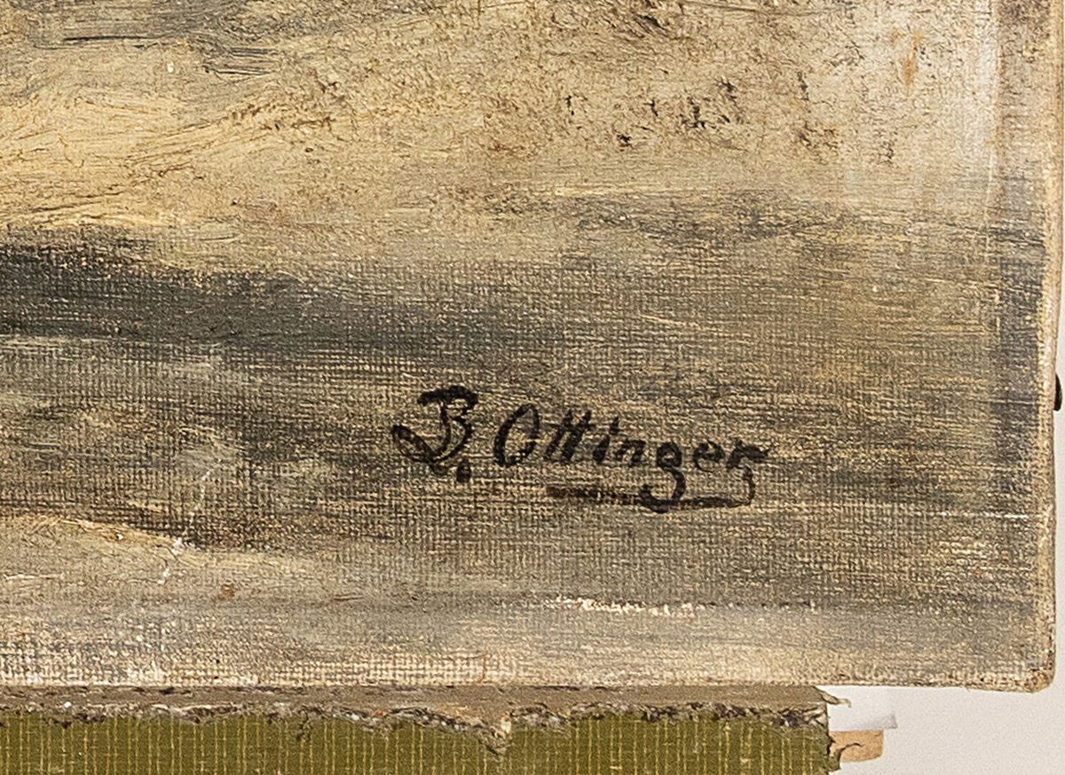 Detail a: B. Ottinger, Maler der Düsseldorfer Schule, um1900, zwei Kinder auf einem verschneiten Waldweg, Öl/Lwd, kleinere Rest., ca. 50x80cm
