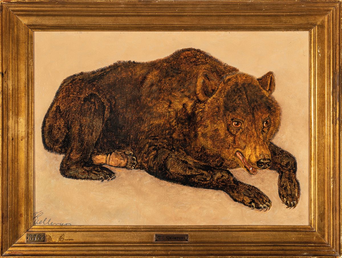 Detail k: Theodor Julius Kellerup, 1818-1850, liegender Bär, Öl/Malkarton, links unten signiert, ca. 24.5x34.5cm, R. ca. 31x41cm