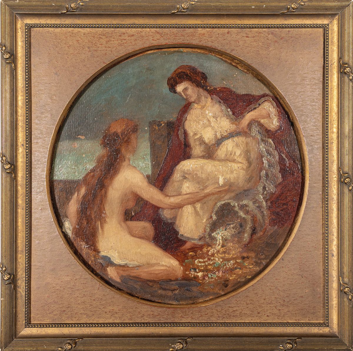 Detail k: Unbekannter Künstler, deutsch, Münchener Schule, 2. Hälfte 19. Jh., Fortuna schüttet ihr Füllhorn aus, vor ihr ein knieender weiblicher Akt, ...