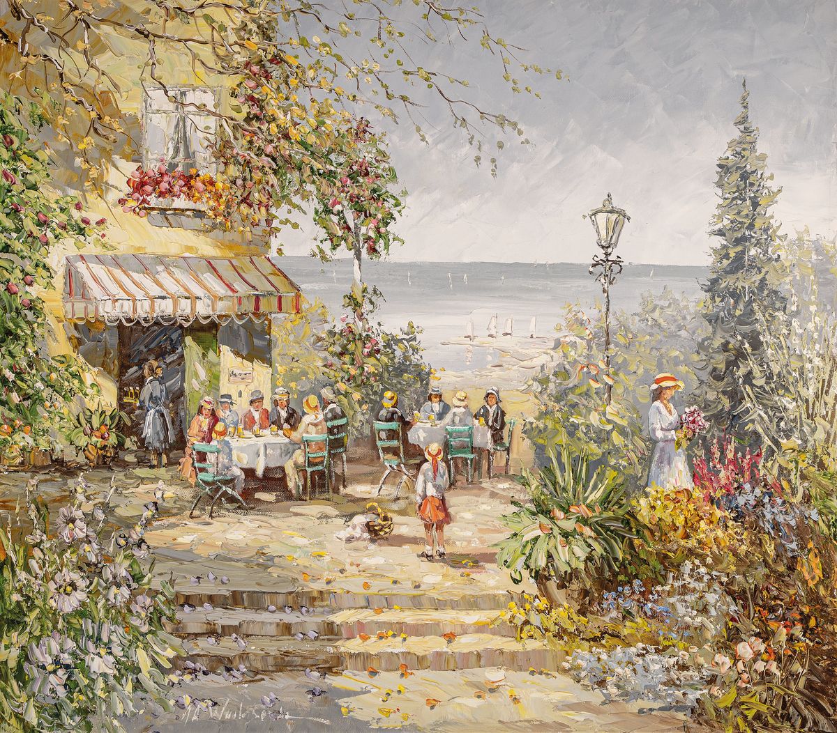 August Alexander Wendehals, 1934-2003 Ossendorf, Studium bei Prof. Bayer, hier: Gartencafé, Öl/Lwd, links unten signiert, ca. 70x80cm, R. ca. ...