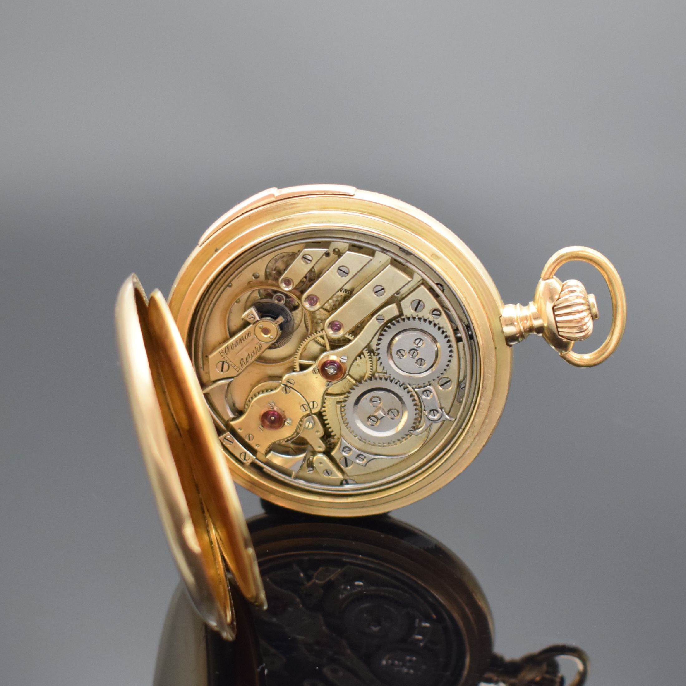 Detail f: Schwere Savonette mit 1/4-Repetition in GG 585/000, Schweiz um 1910, glattes 3-Deckel Goldgeh., Schieber f. Repetition, Emailzifferbl. m. ...