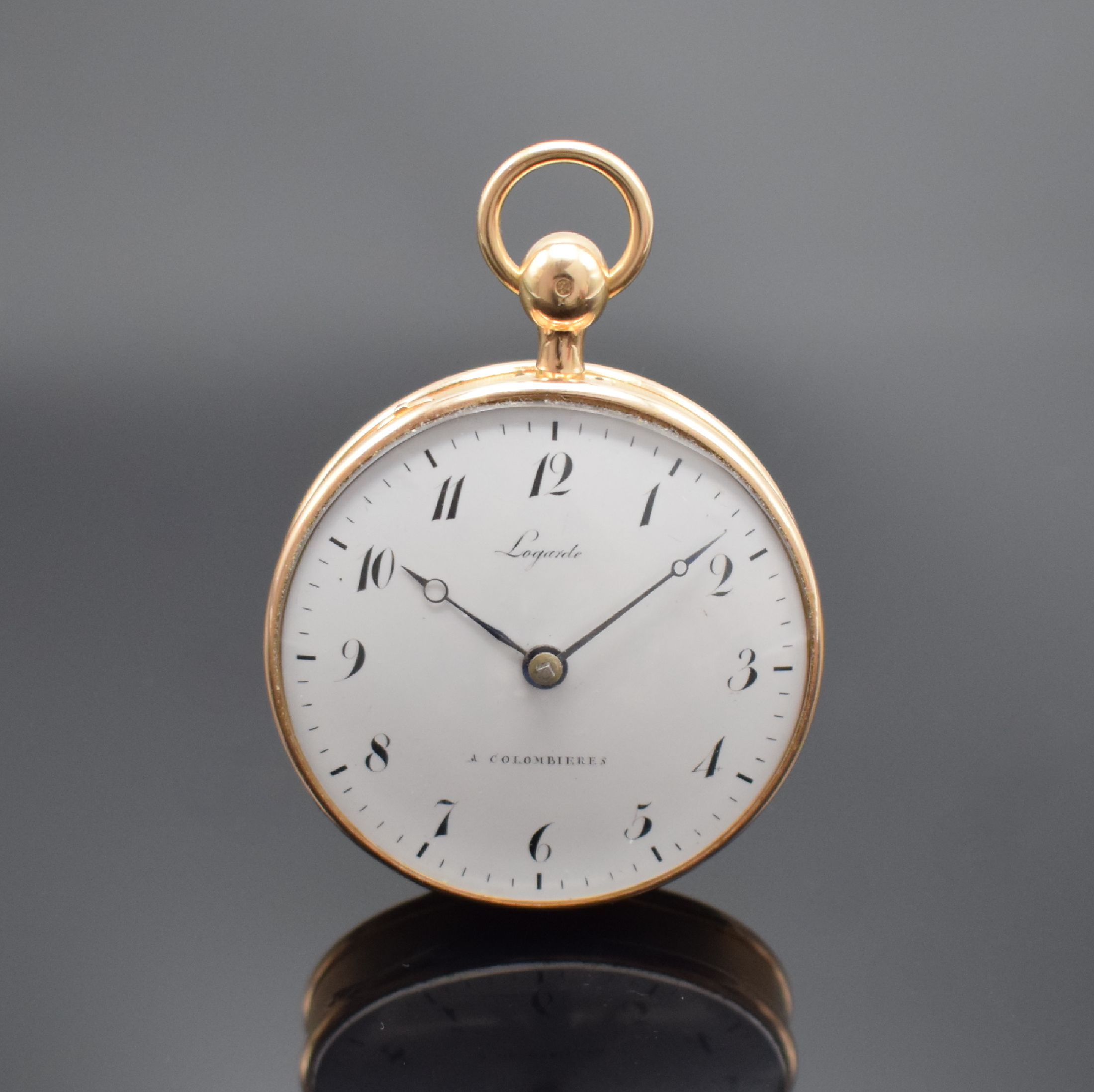 LOGARDE à Colombieres Spindeltaschenuhr mit 1/4-Stunden-Repetition in RG 750/000, Frankreich um 1820, Schlüsselaufzug, glattes Geh., guill. Rand, ...