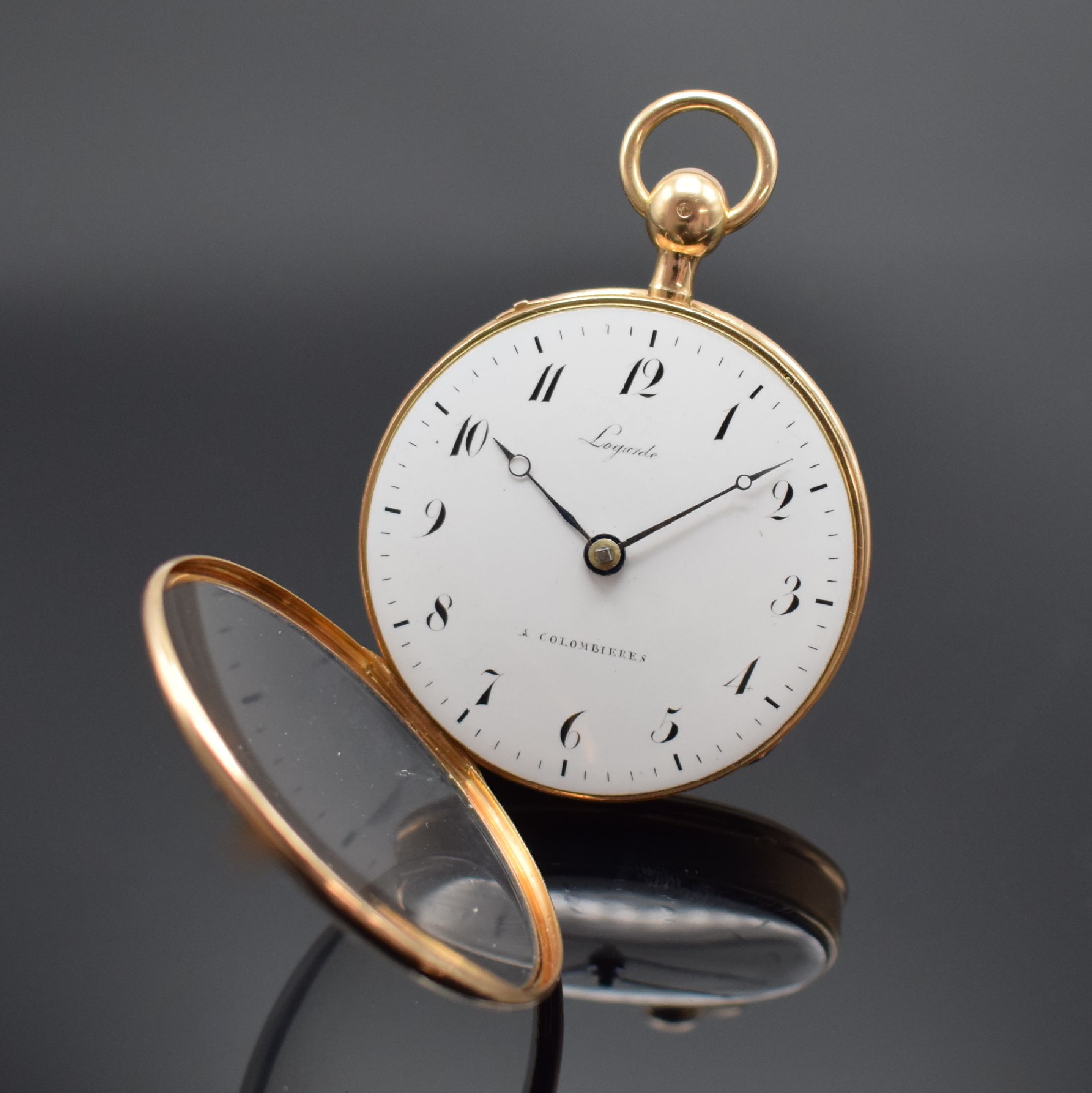 Detail b: LOGARDE à Colombieres Spindeltaschenuhr mit 1/4-Stunden-Repetition in RG 750/000, Frankreich um 1820, Schlüsselaufzug, glattes Geh., guill. Rand, ...