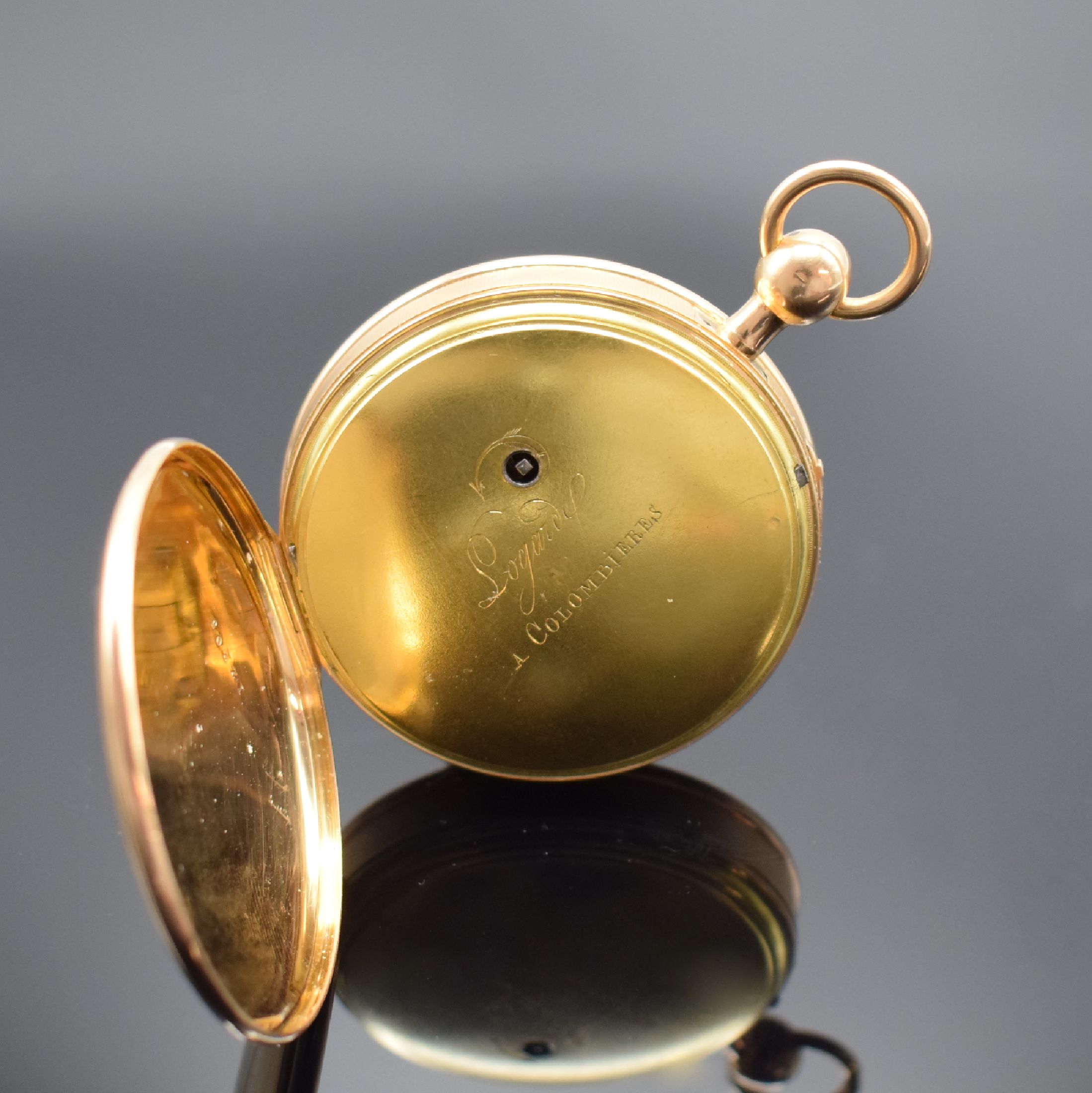 Detail d: LOGARDE à Colombieres Spindeltaschenuhr mit 1/4-Stunden-Repetition in RG 750/000, Frankreich um 1820, Schlüsselaufzug, glattes Geh., guill. Rand, ...