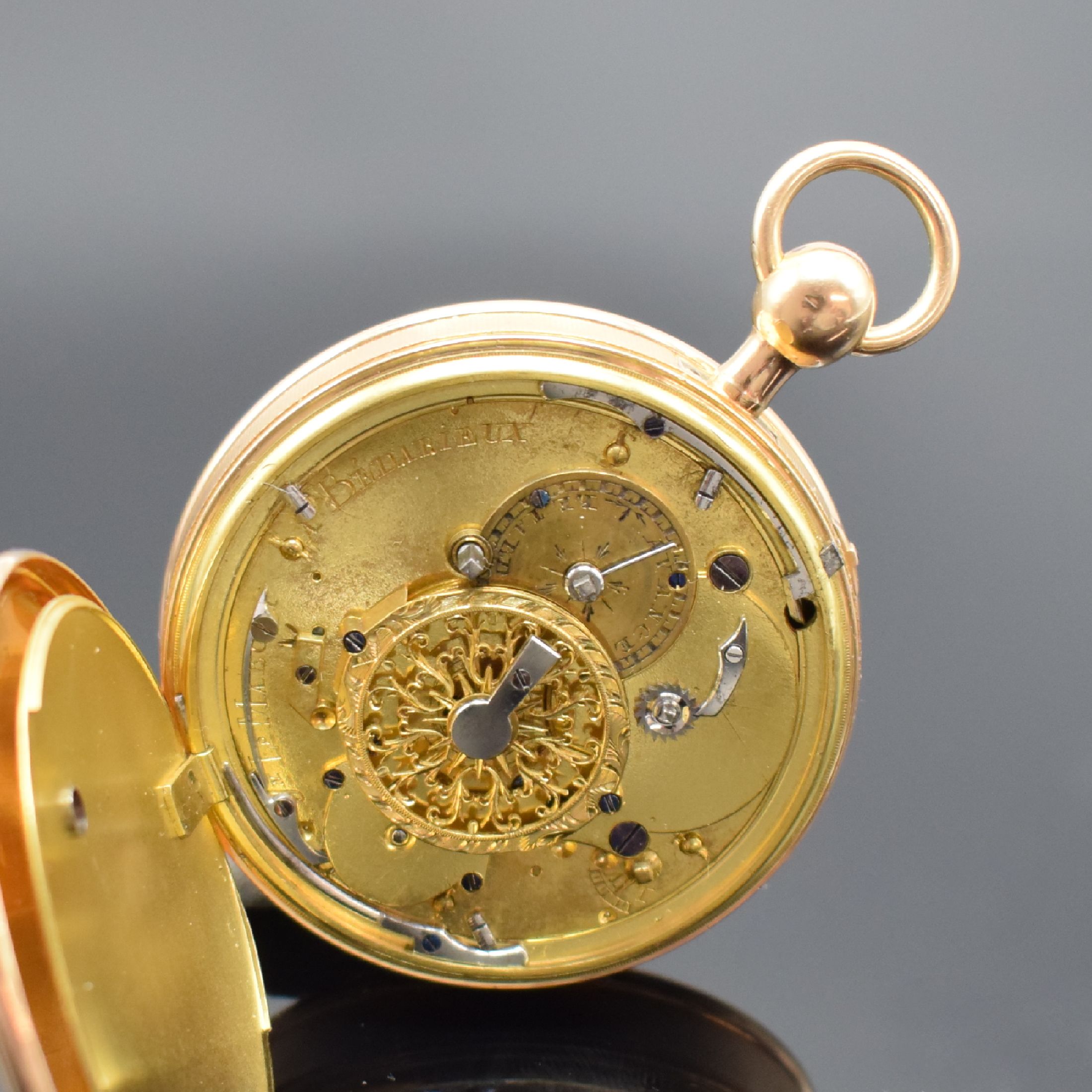 Detail e: LOGARDE à Colombieres Spindeltaschenuhr mit 1/4-Stunden-Repetition in RG 750/000, Frankreich um 1820, Schlüsselaufzug, glattes Geh., guill. Rand, ...