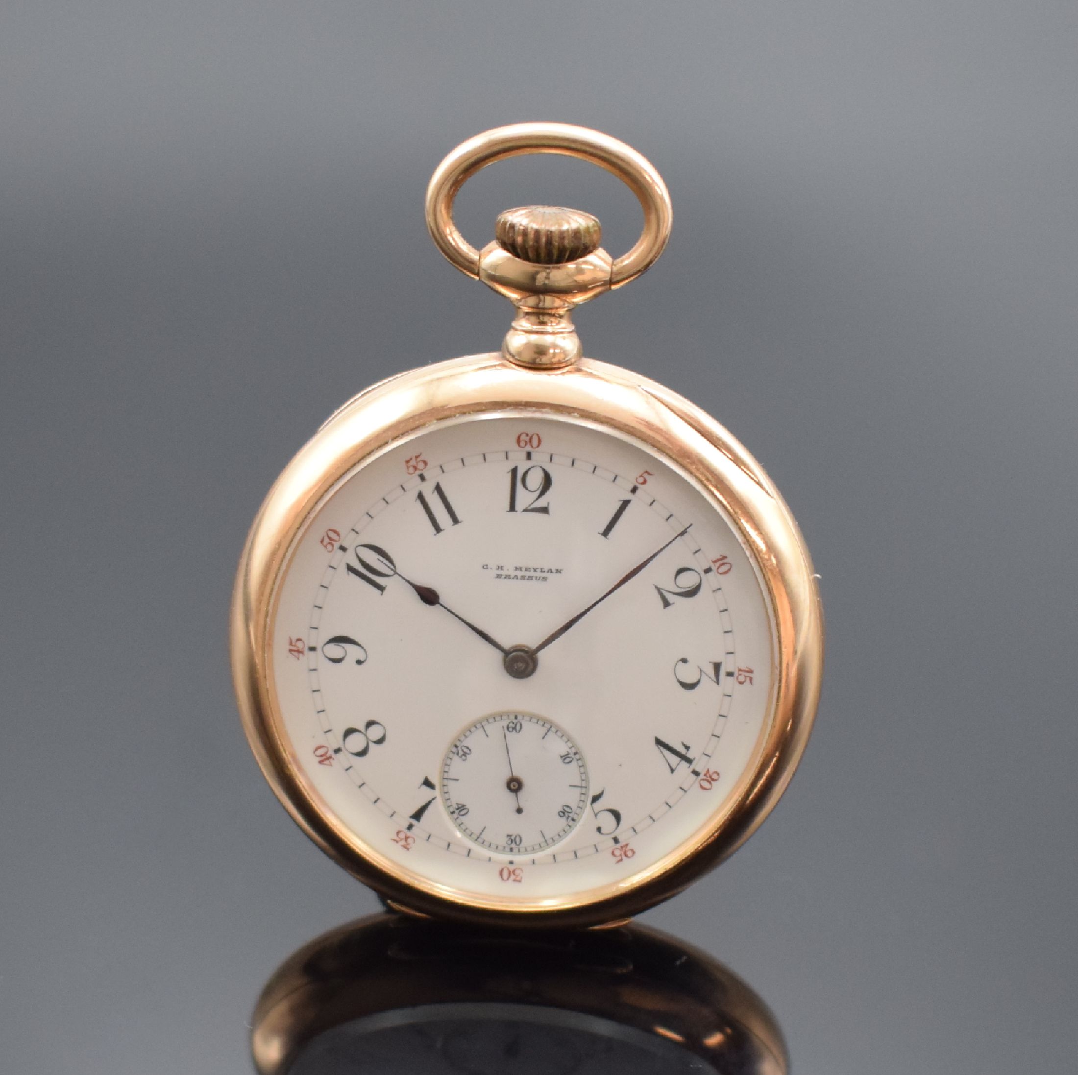 C. H. MEYLAN Brassus offene Taschenuhr in RG 585/000, Schweiz f. USA um 1900, glattes Geh., 2-tlg. Rähmchen-Emailzifferbl., arab. Zahlen, rote ...