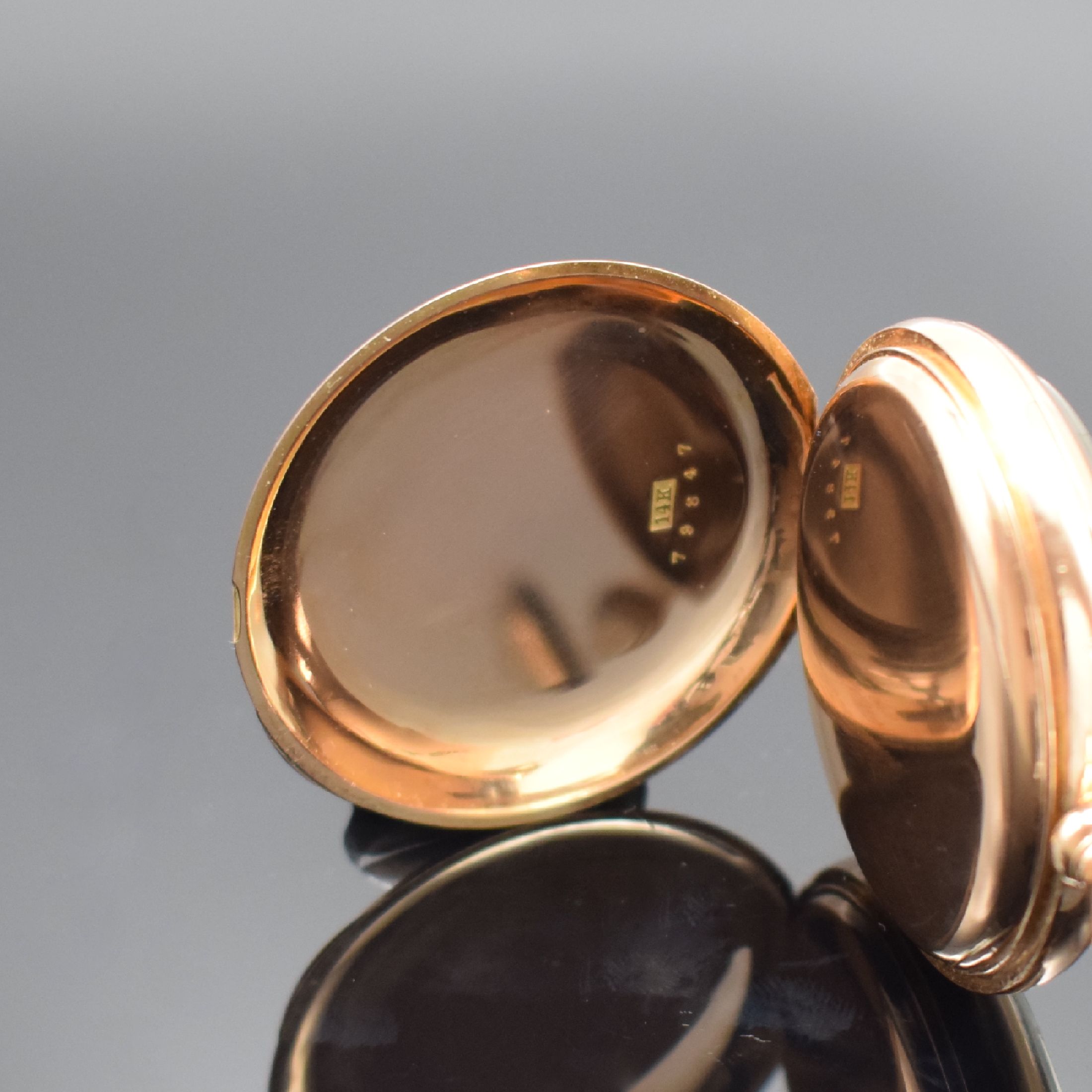 Detail b: C. H. MEYLAN Brassus offene Taschenuhr in RG 585/000, Schweiz f. USA um 1900, glattes Geh., 2-tlg. Rähmchen-Emailzifferbl., arab. Zahlen, rote ...