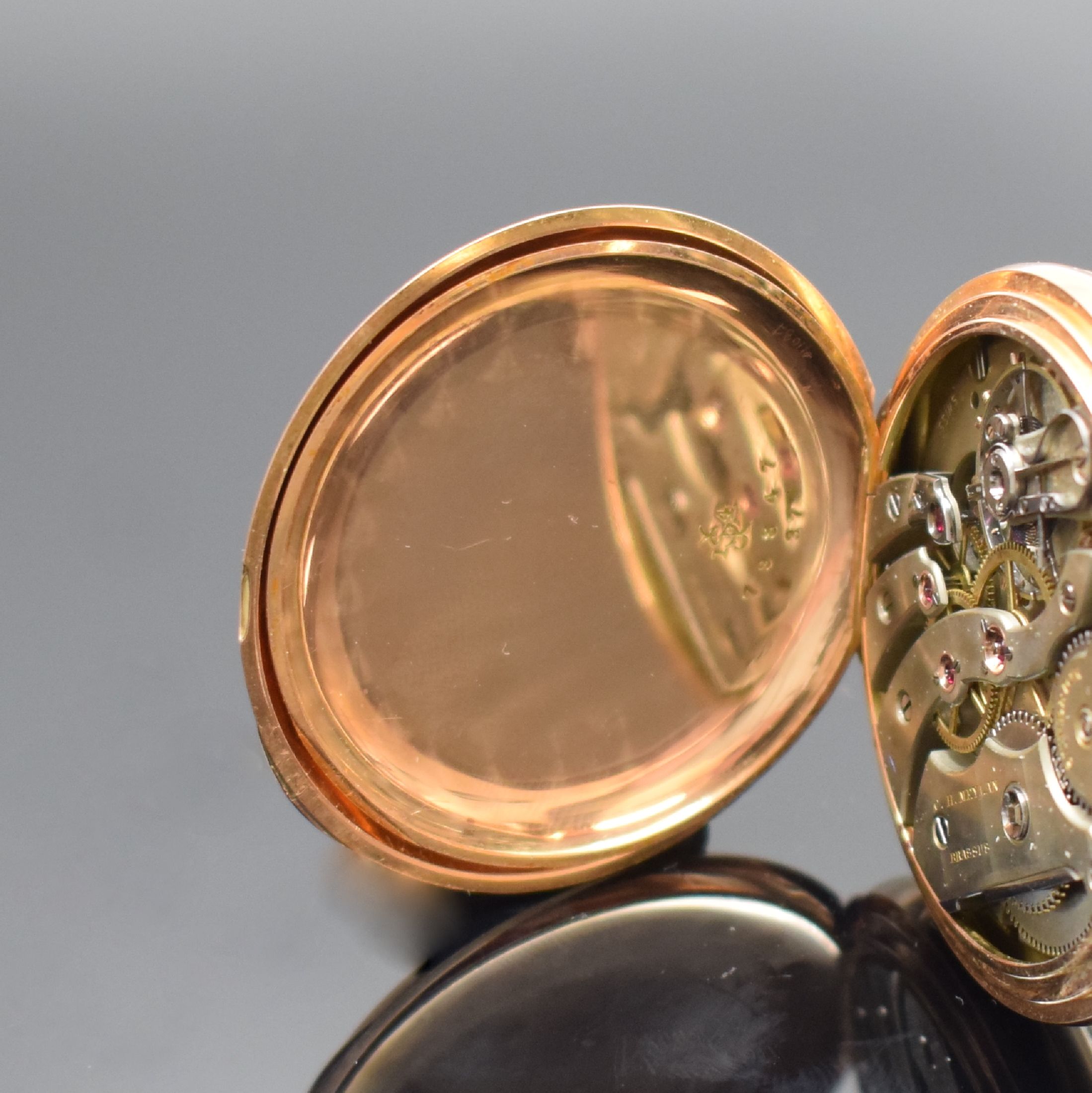 Detail d: C. H. MEYLAN Brassus offene Taschenuhr in RG 585/000, Schweiz f. USA um 1900, glattes Geh., 2-tlg. Rähmchen-Emailzifferbl., arab. Zahlen, rote ...