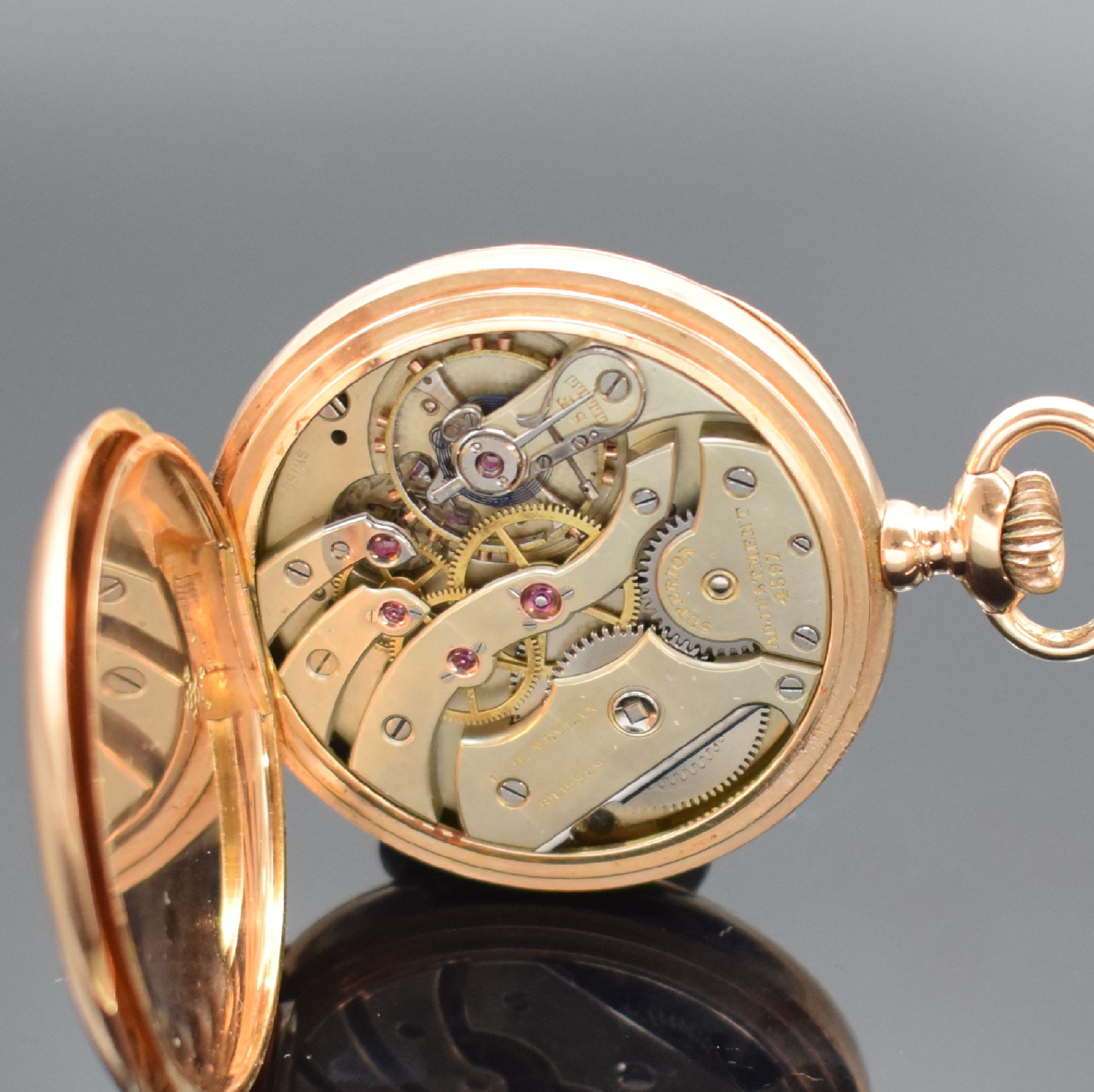 Detail e: C. H. MEYLAN Brassus offene Taschenuhr in RG 585/000, Schweiz f. USA um 1900, glattes Geh., 2-tlg. Rähmchen-Emailzifferbl., arab. Zahlen, rote ...