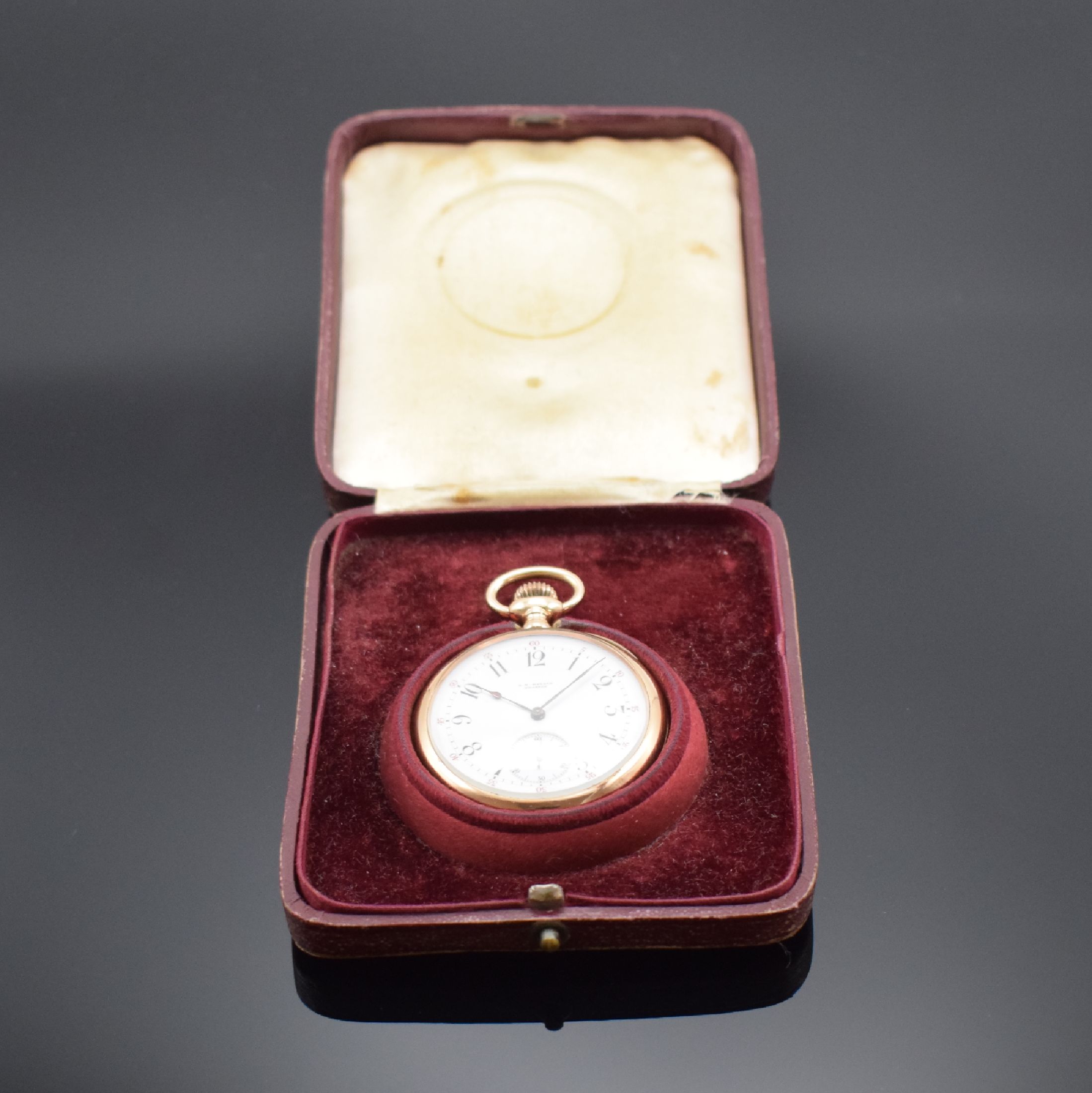Detail f: C. H. MEYLAN Brassus offene Taschenuhr in RG 585/000, Schweiz f. USA um 1900, glattes Geh., 2-tlg. Rähmchen-Emailzifferbl., arab. Zahlen, rote ...