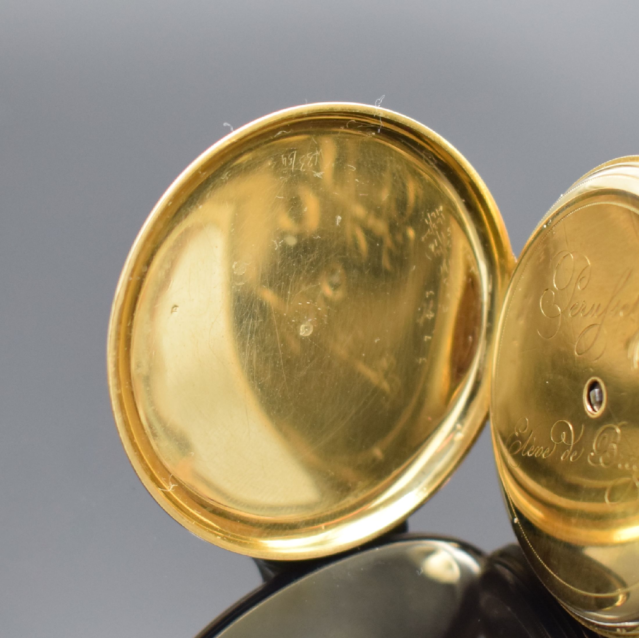 Detail b: PERUSSET Eleve de Breguet offene Taschenuhr mit Duplexhemmung in GG 750/000, Schweiz um 1850, Schlüsselaufzug, flaches 2-Deckel Goldgehäuse mit ...