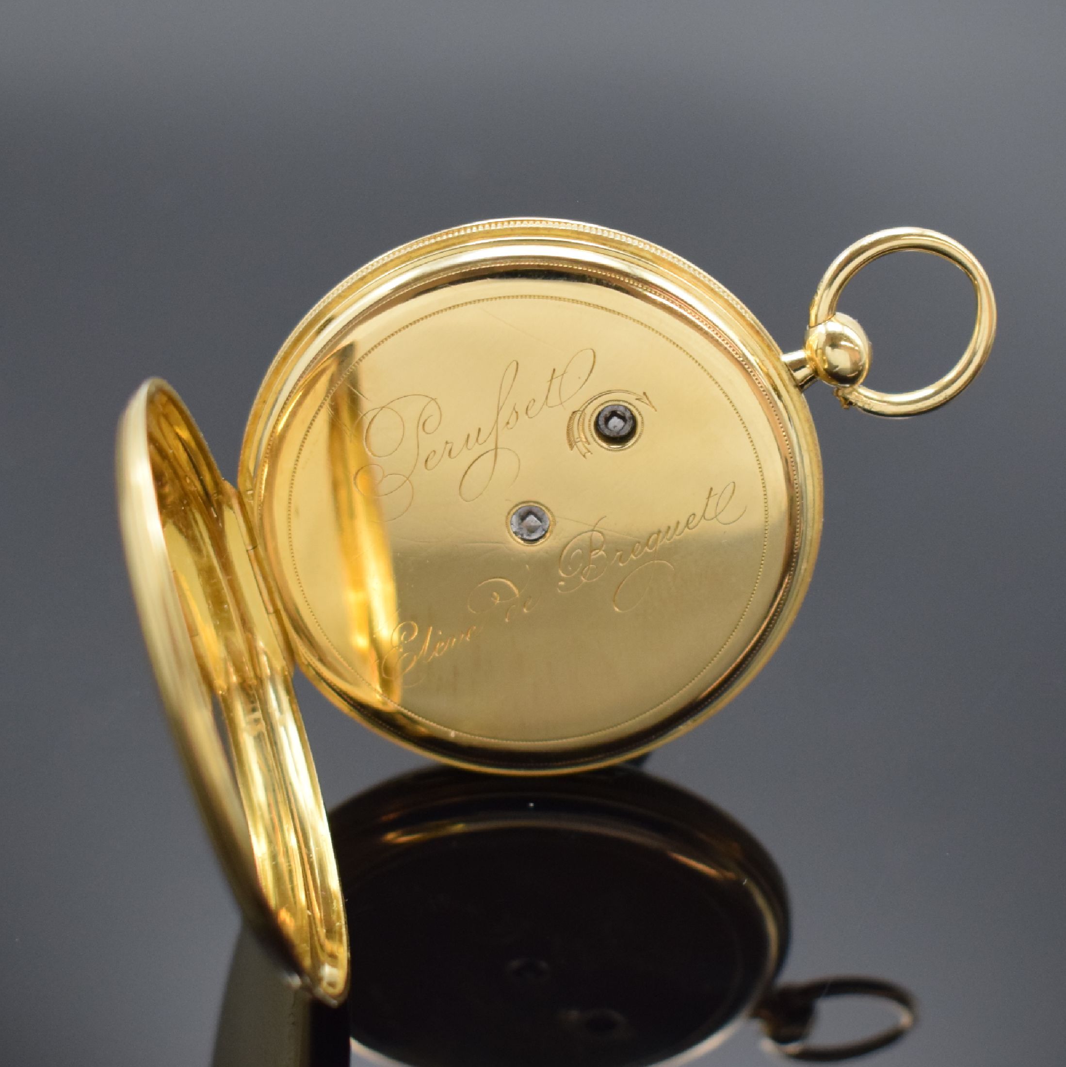 Detail c: PERUSSET Eleve de Breguet offene Taschenuhr mit Duplexhemmung in GG 750/000, Schweiz um 1850, Schlüsselaufzug, flaches 2-Deckel Goldgehäuse mit ...