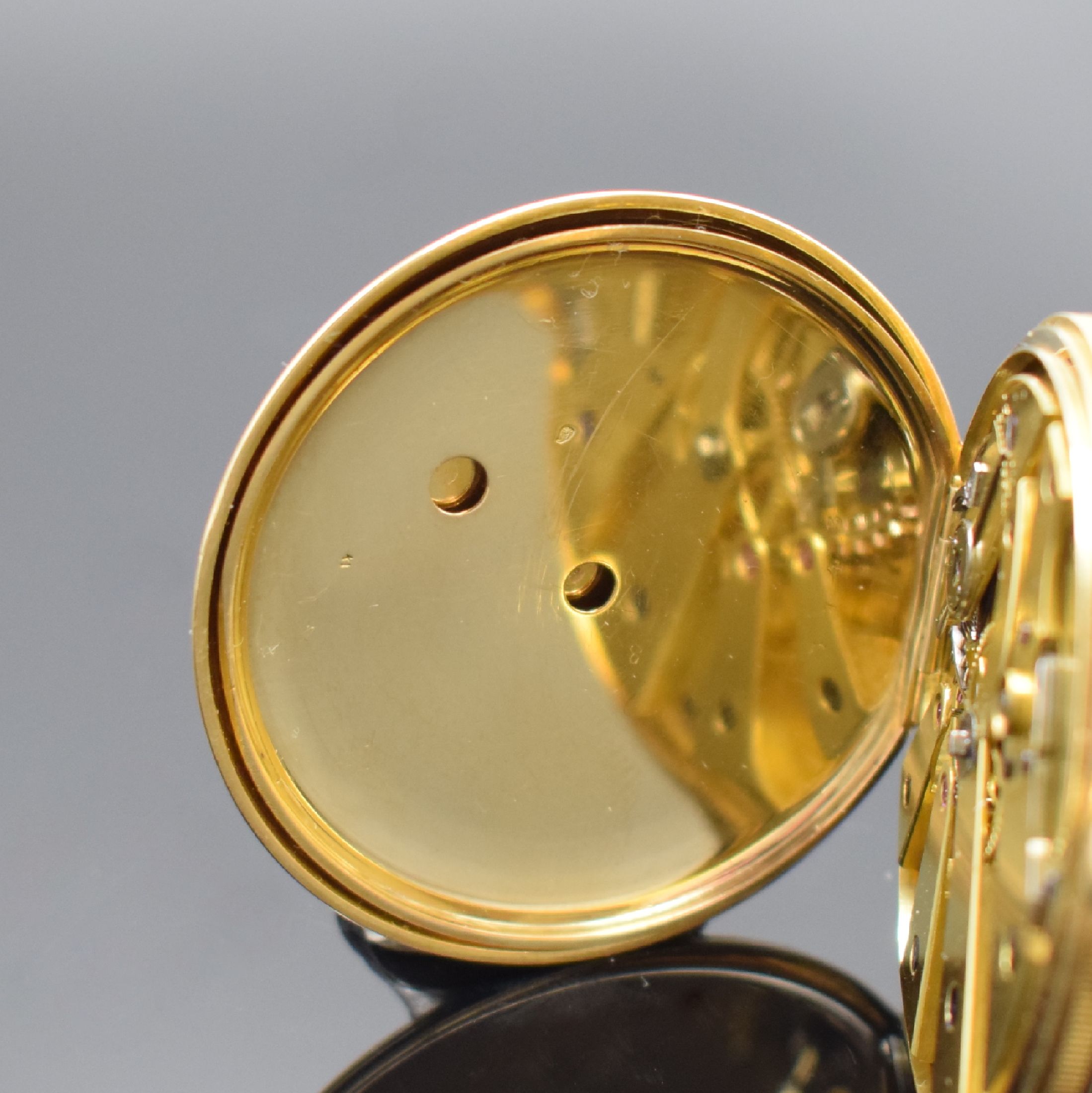 Detail d: PERUSSET Eleve de Breguet offene Taschenuhr mit Duplexhemmung in GG 750/000, Schweiz um 1850, Schlüsselaufzug, flaches 2-Deckel Goldgehäuse mit ...