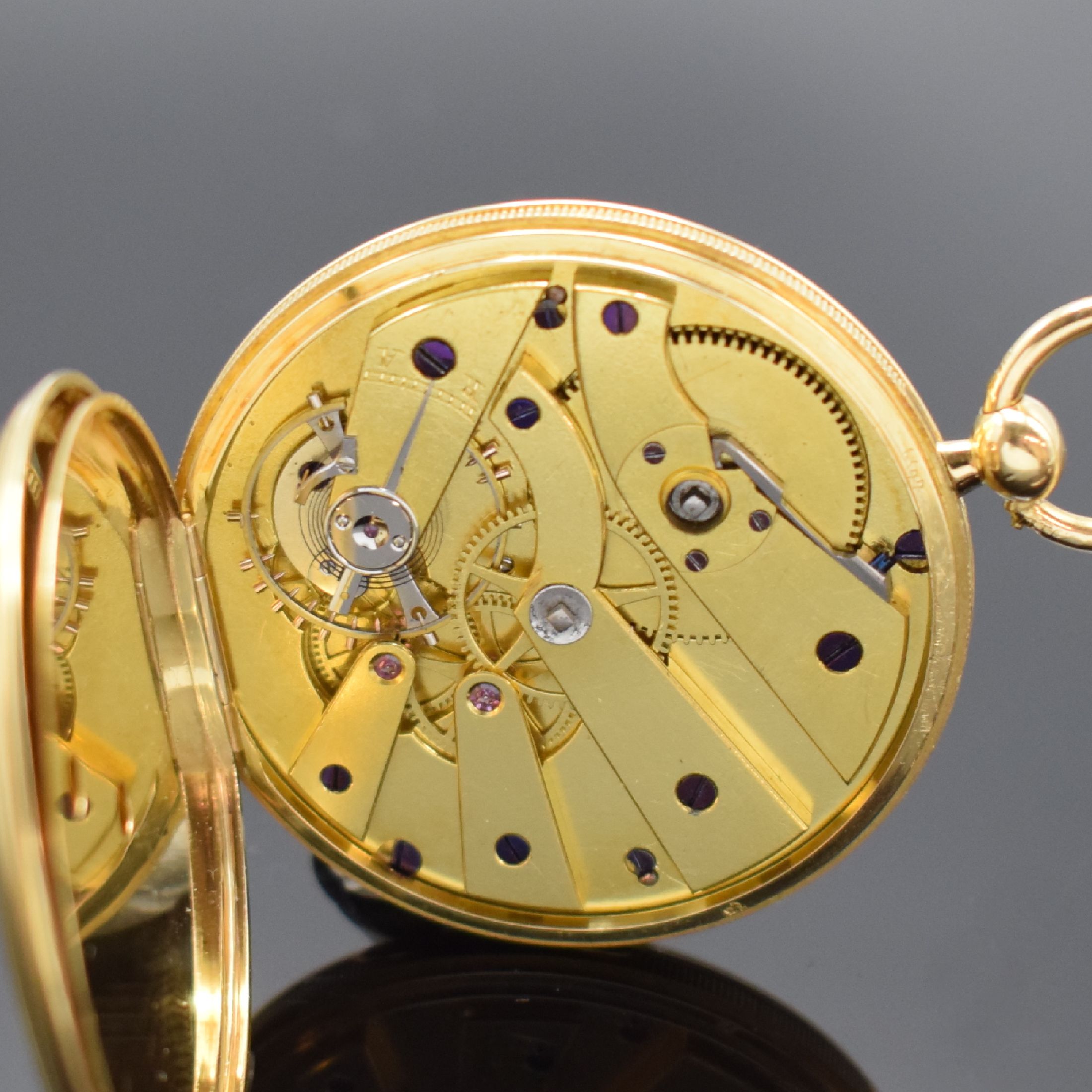 Detail e: PERUSSET Eleve de Breguet offene Taschenuhr mit Duplexhemmung in GG 750/000, Schweiz um 1850, Schlüsselaufzug, flaches 2-Deckel Goldgehäuse mit ...