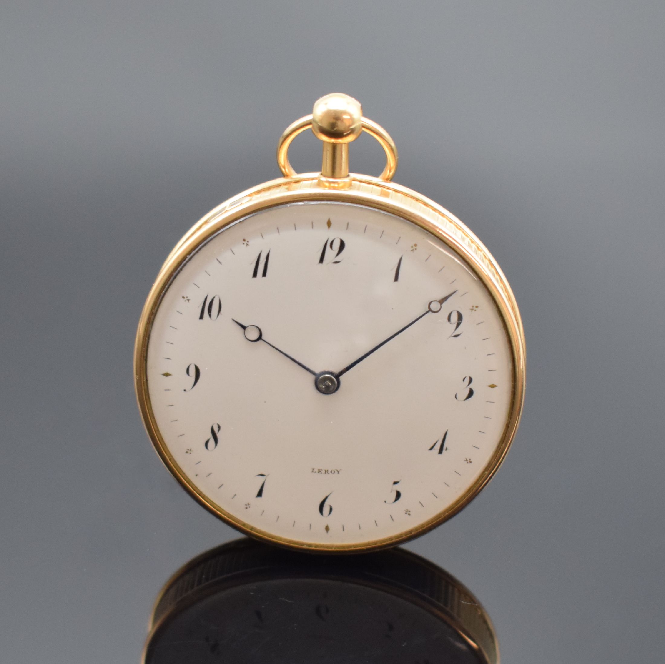 LE ROY offene 1/4 Repetition Taschenuhr in RG 750/000, Frankreich um 1820, strahlen guill. Geh. m. gerippten Rand, rücks. Monogramm (Email besch.), ...