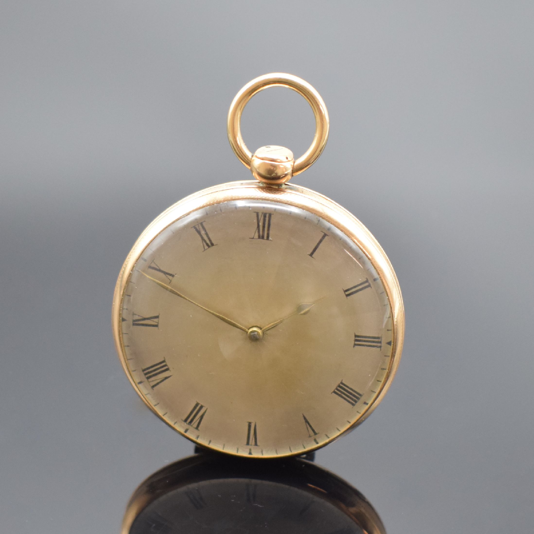 ROBERT A PARIS große, offen Taschenuhr mit 1/4 Repetition in RG 750/000, Frankreich um 1820, glattes Gehäuse, guill. Rand, Repetition durch ...