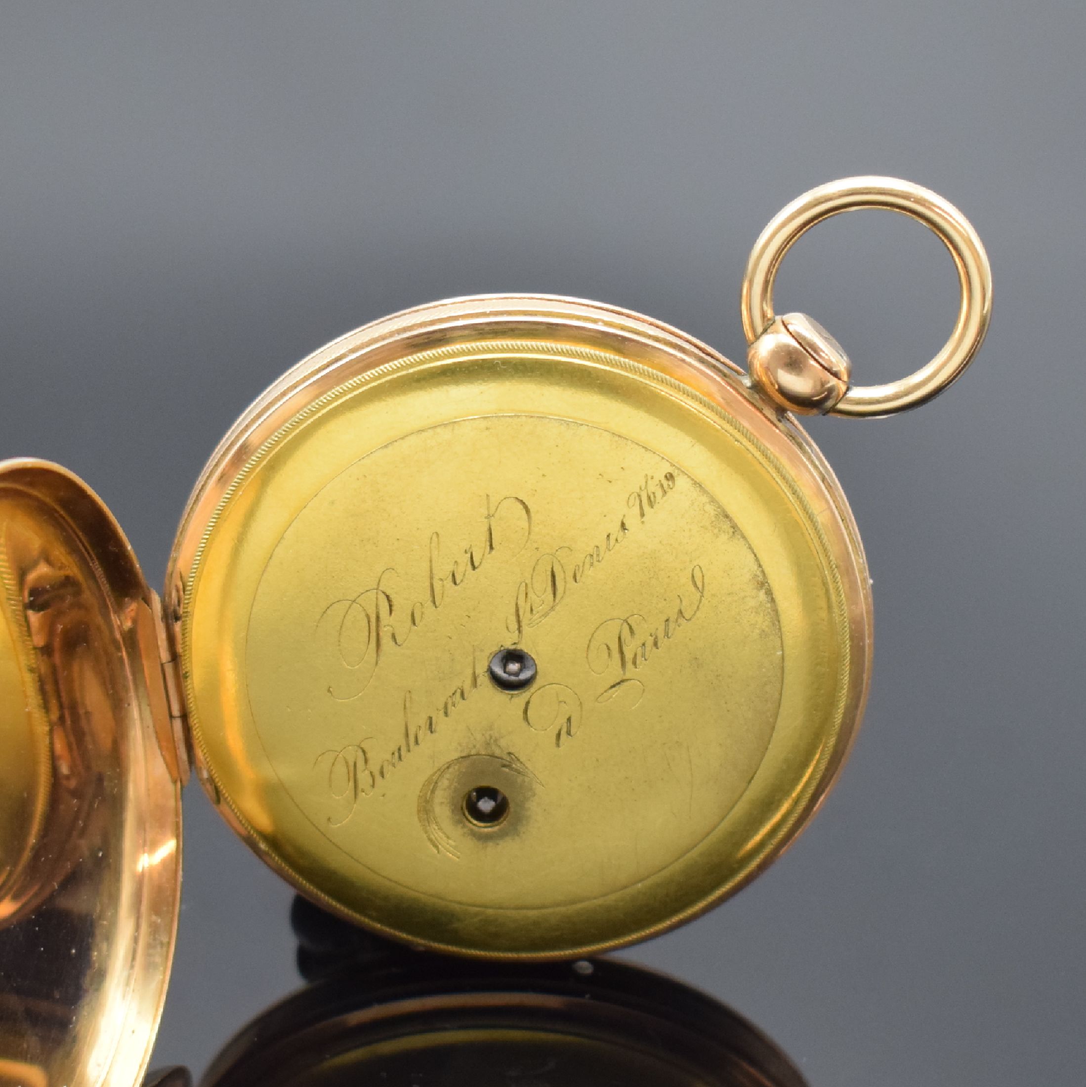 Detail c: ROBERT A PARIS große, offen Taschenuhr mit 1/4 Repetition in RG 750/000, Frankreich um 1820, glattes Gehäuse, guill. Rand, Repetition durch ...