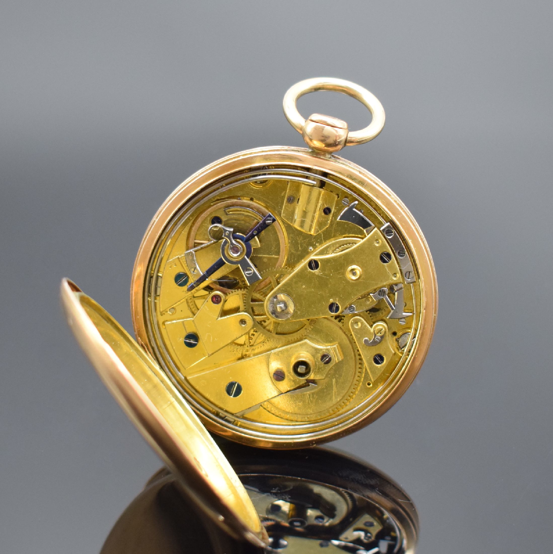 Detail d: ROBERT A PARIS große, offen Taschenuhr mit 1/4 Repetition in RG 750/000, Frankreich um 1820, glattes Gehäuse, guill. Rand, Repetition durch ...
