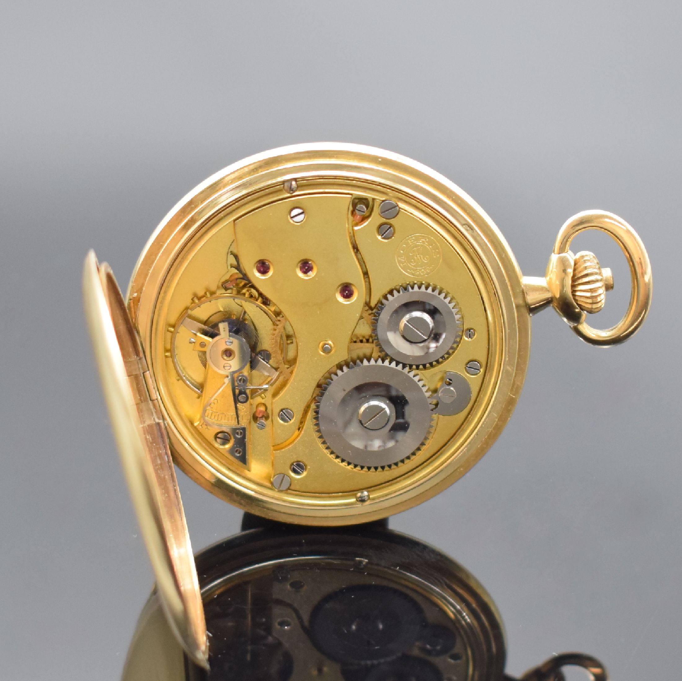 Detail f: MOERIS Savonette in GG 585/000, Schweiz um 1925, glattes, 2-Deckel Goldgeh., gold. Zifferbl. m. arab. Zahlen, kl. Sek. bei 6, gebl. orig. Zeiger, ...