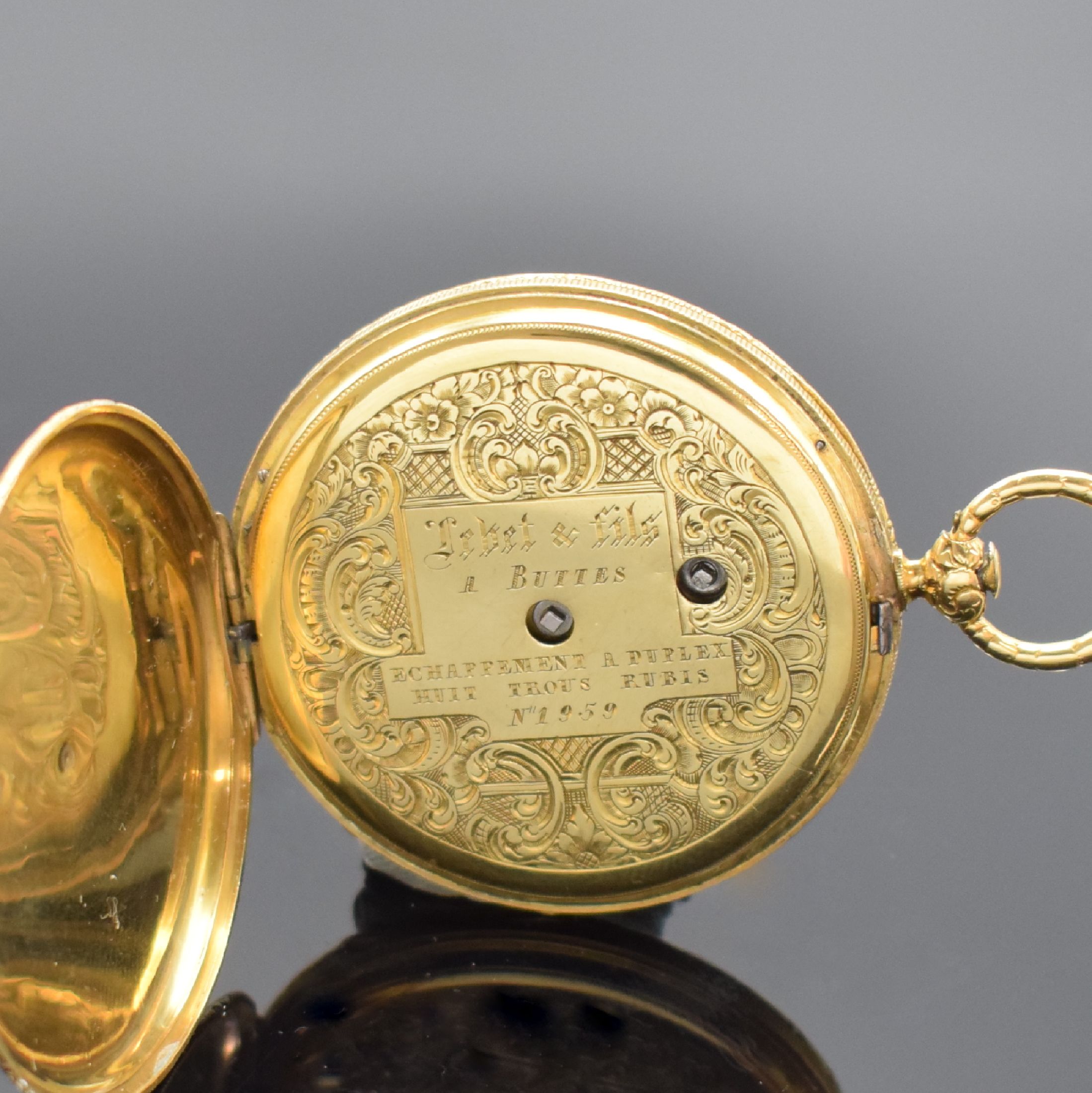 Detail c: LEBET offene Taschenuhr mit Duplexhemmung in GG 750/000, Schweiz um 1840, tief graviertes 2-Deckel Goldgeh., sign. Cuv., Emailzifferbl. m. röm. ...