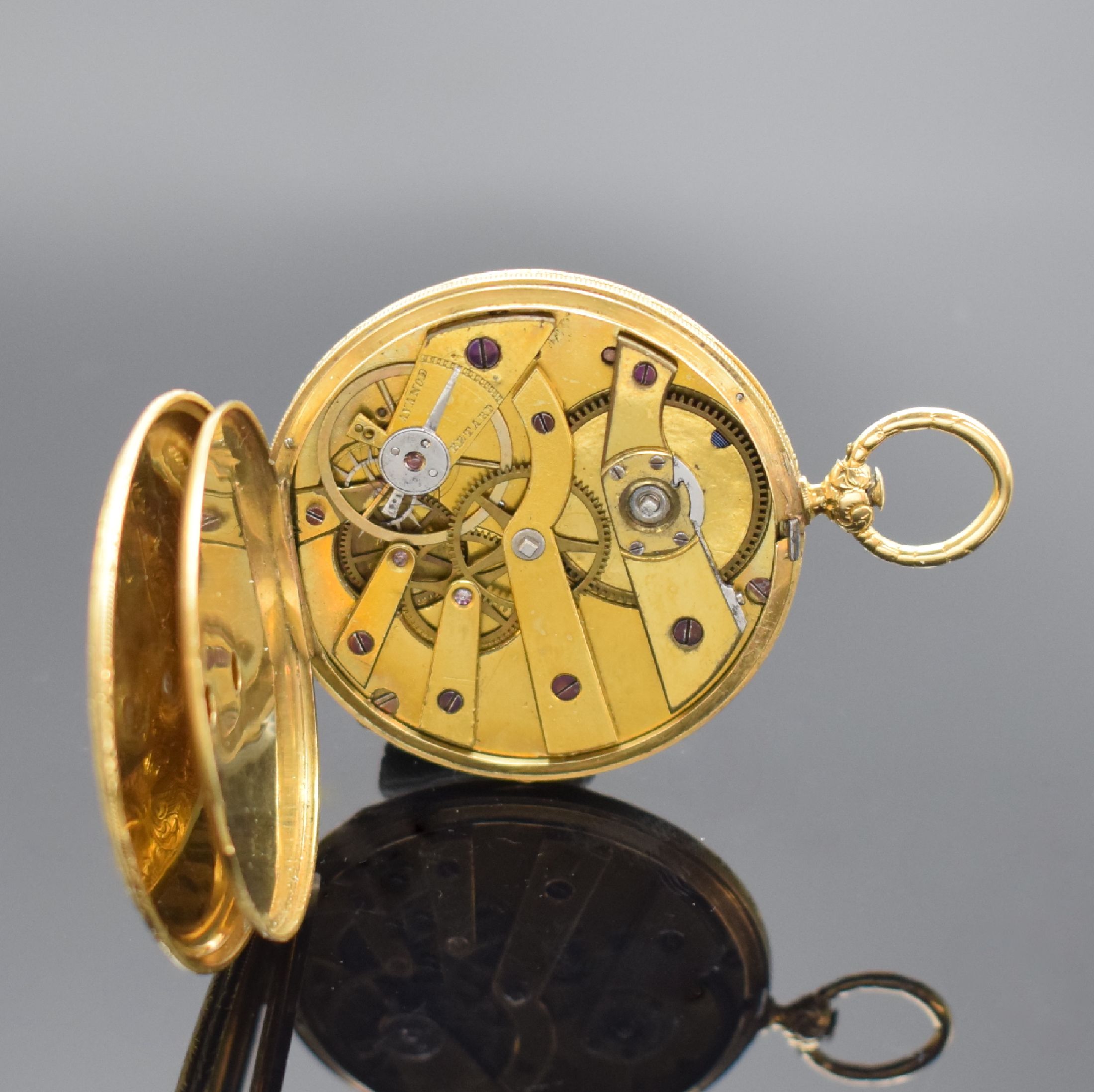 Detail e: LEBET offene Taschenuhr mit Duplexhemmung in GG 750/000, Schweiz um 1840, tief graviertes 2-Deckel Goldgeh., sign. Cuv., Emailzifferbl. m. röm. ...