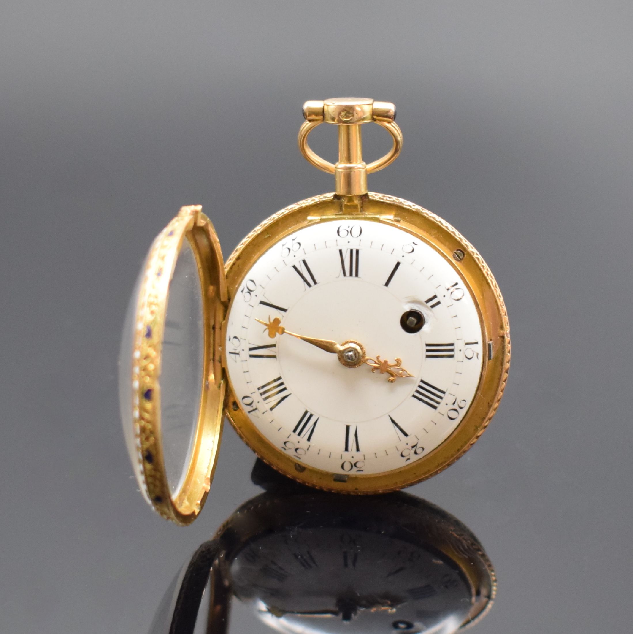 GUENOUX A PARIS feine & sehr gut erhaltene Email-Spindeltaschenuhr in RG 750/000, Frankreich um 1770, Scharniergeh., Lünette über verdeckten ...