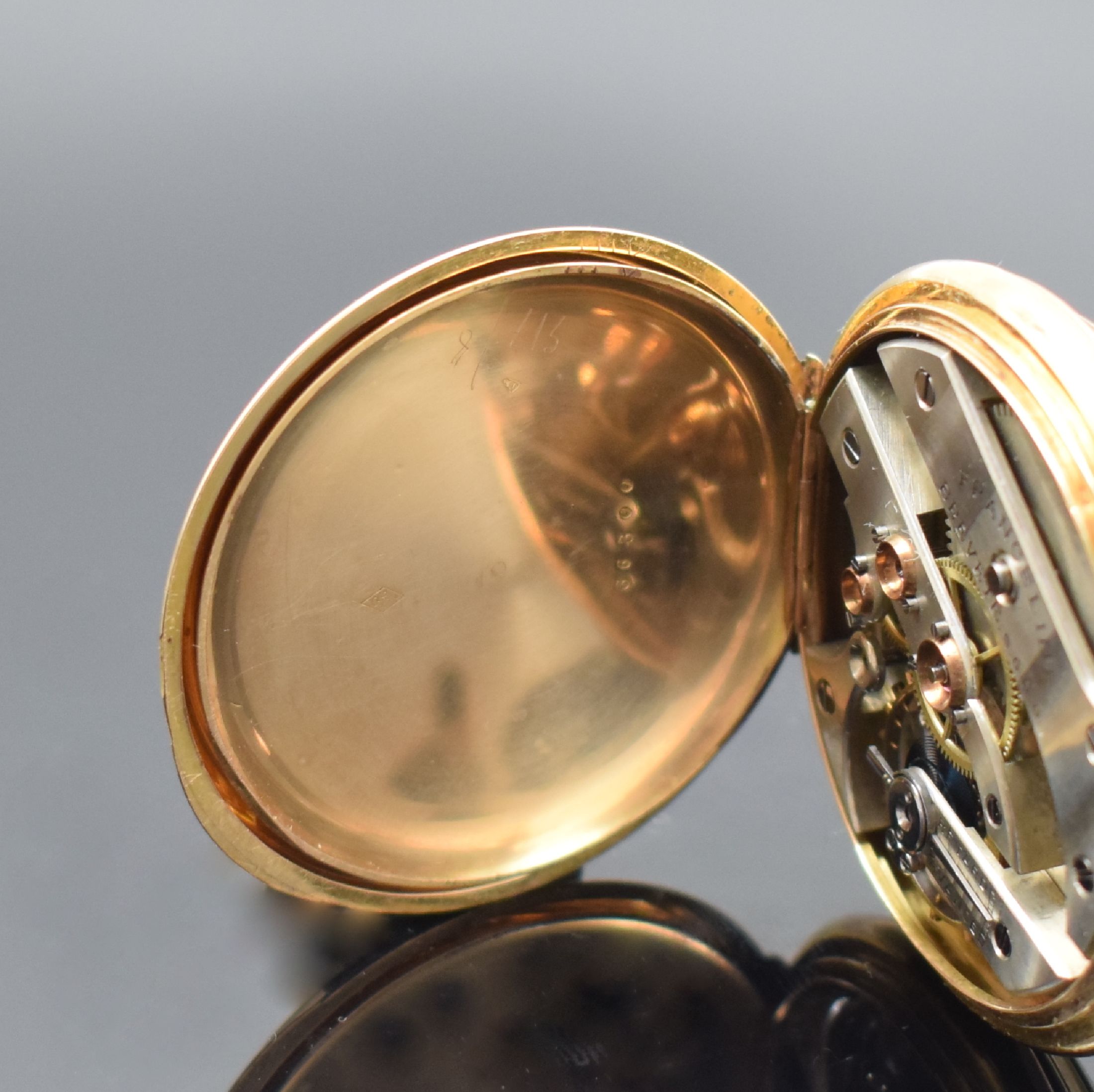 Detail d: BERSOT ET CIE / FRANCELINE offene Taschenuhr in GG 750/000, Frankreich um 1900, gestuftes, 2-Deckel Goldgeh., Cuvette bez. Chronometre Ancre, ...