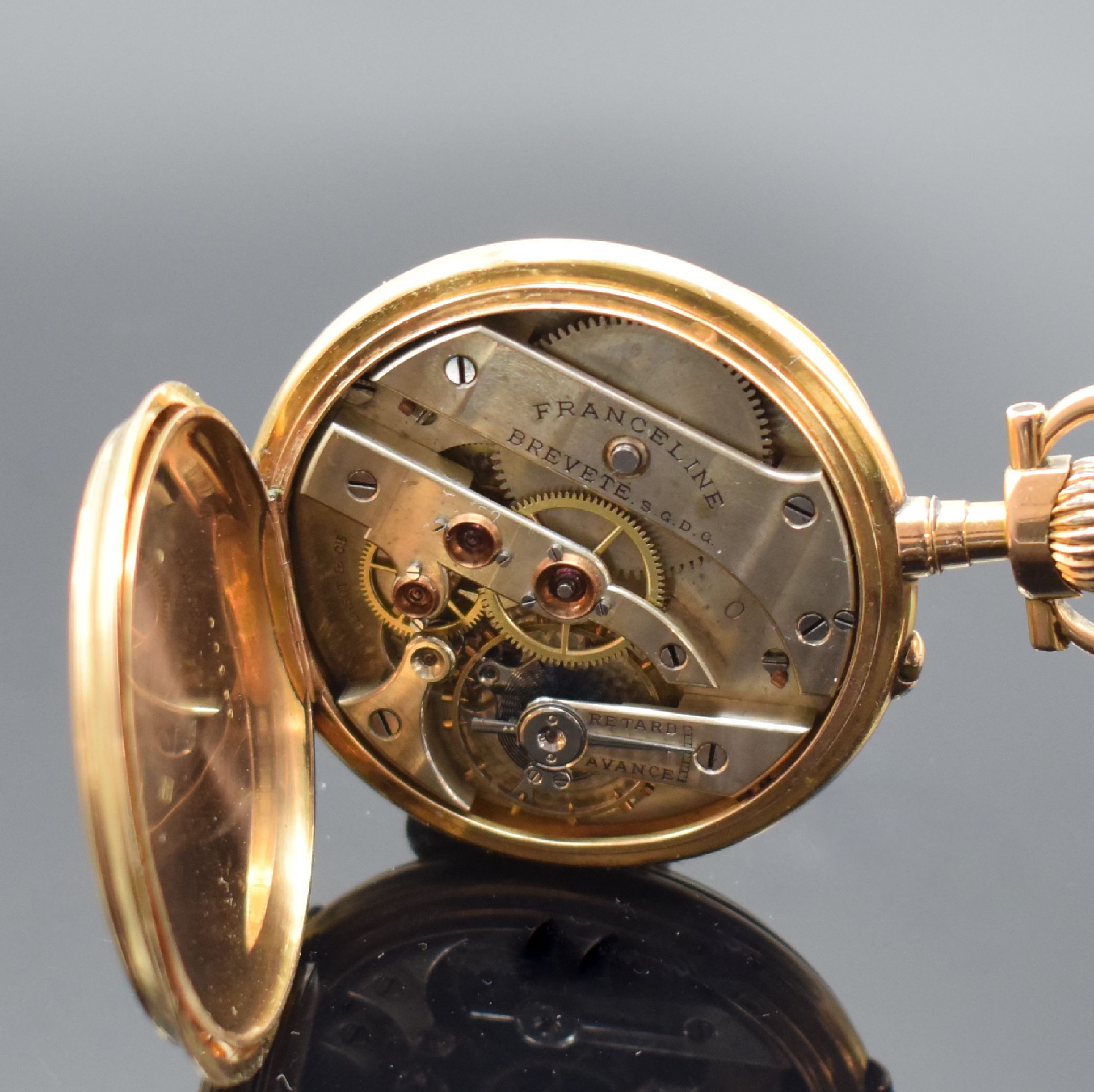 Detail e: BERSOT ET CIE / FRANCELINE offene Taschenuhr in GG 750/000, Frankreich um 1900, gestuftes, 2-Deckel Goldgeh., Cuvette bez. Chronometre Ancre, ...