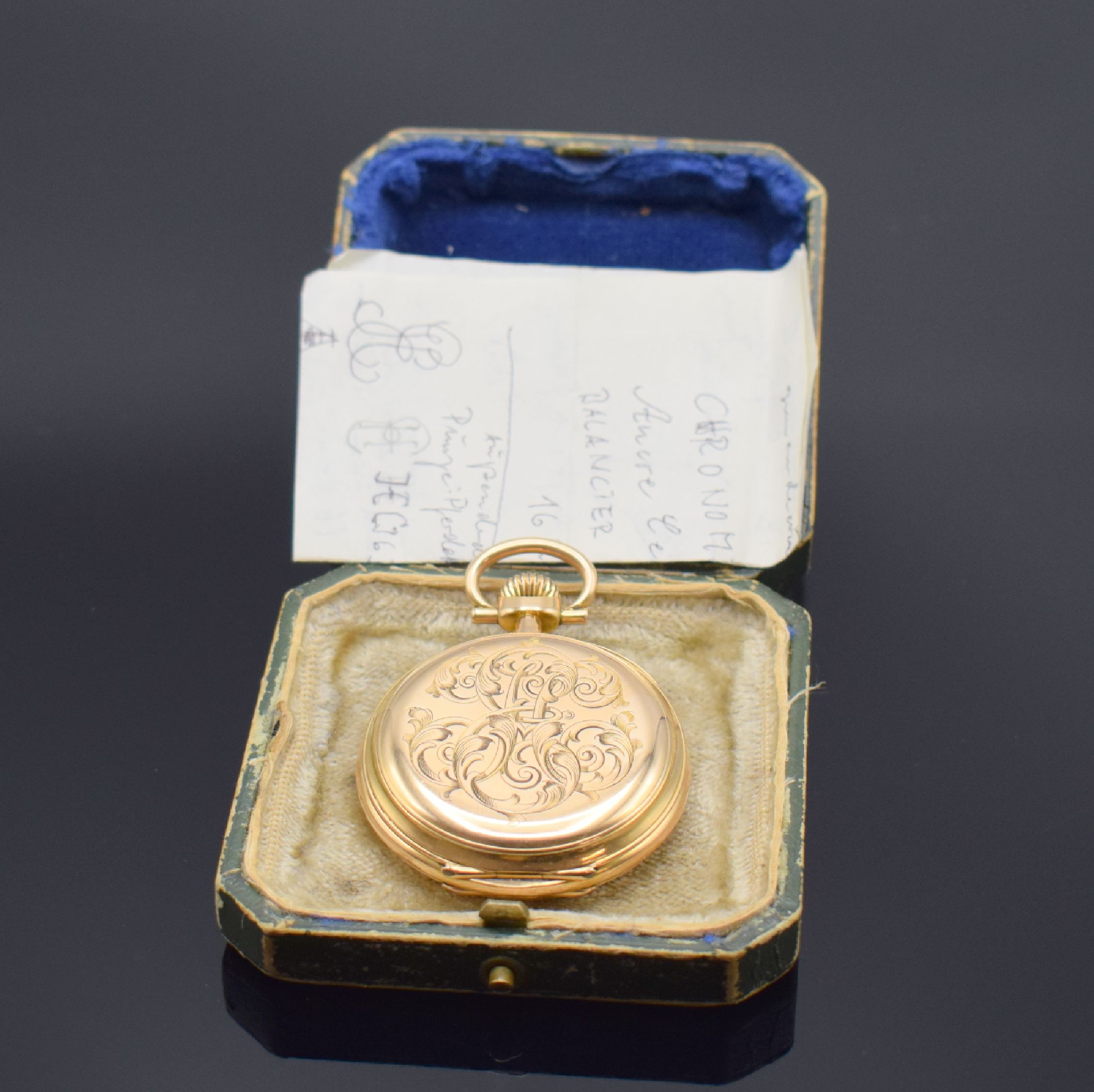 Detail f: BERSOT ET CIE / FRANCELINE offene Taschenuhr in GG 750/000, Frankreich um 1900, gestuftes, 2-Deckel Goldgeh., Cuvette bez. Chronometre Ancre, ...
