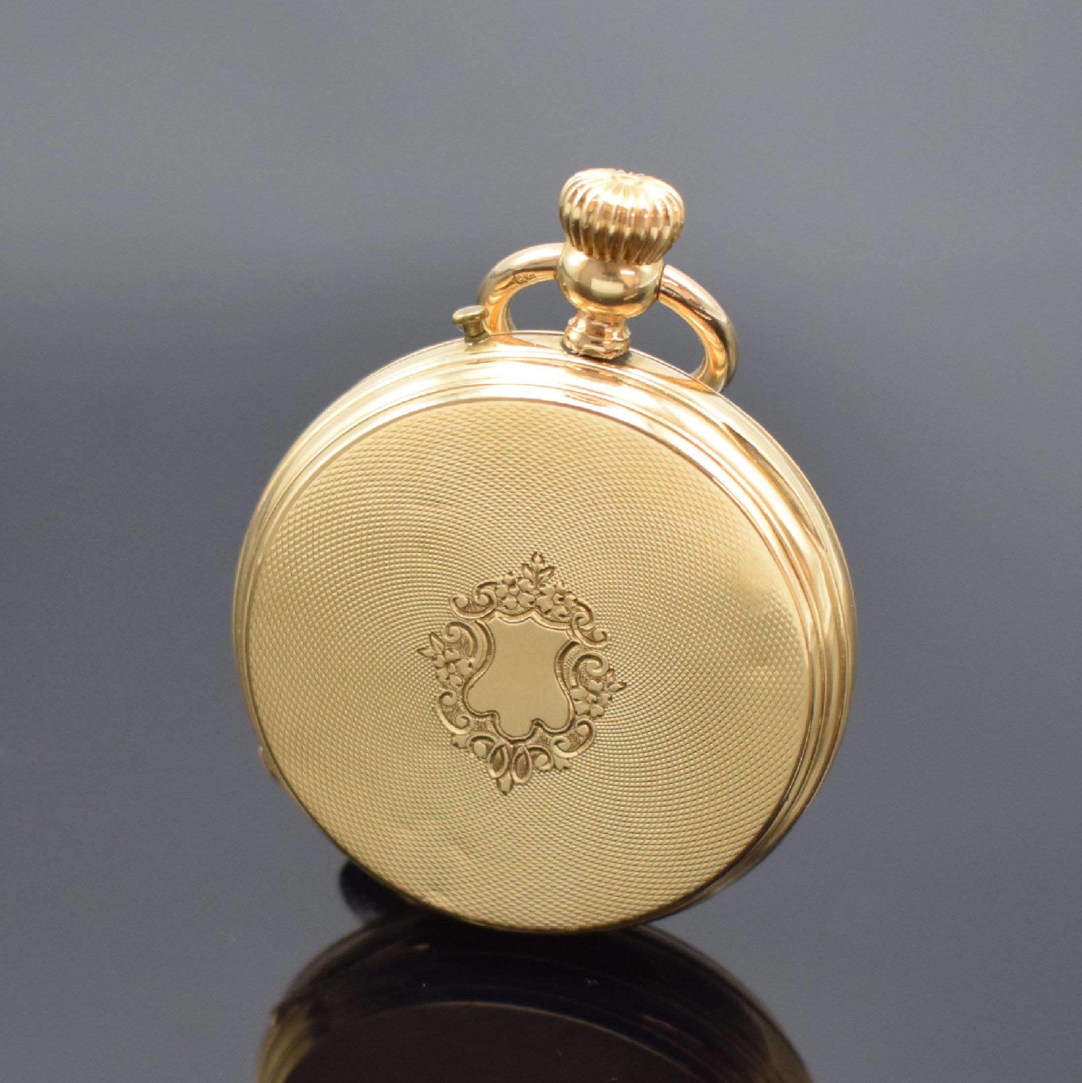 Detail a: PATECK & CIE offene Taschenuhr in GG 750/000, Schweiz um 1870, guill. Geh. dell., Emailzifferbl. riss., kl. Sek. bei 6, feine, gebl. Zeiger, ...