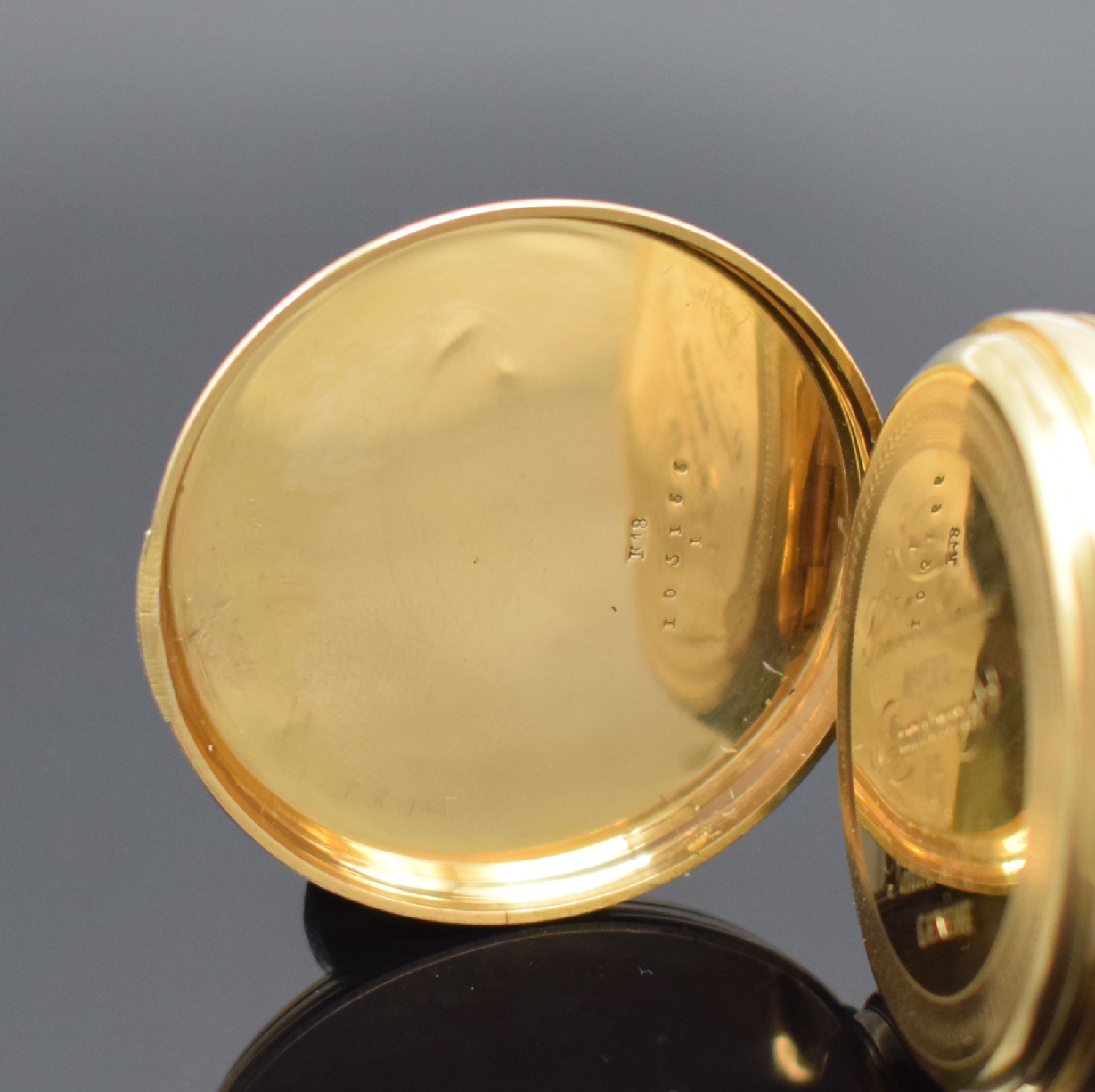 Detail b: PATECK & CIE offene Taschenuhr in GG 750/000, Schweiz um 1870, guill. Geh. dell., Emailzifferbl. riss., kl. Sek. bei 6, feine, gebl. Zeiger, ...