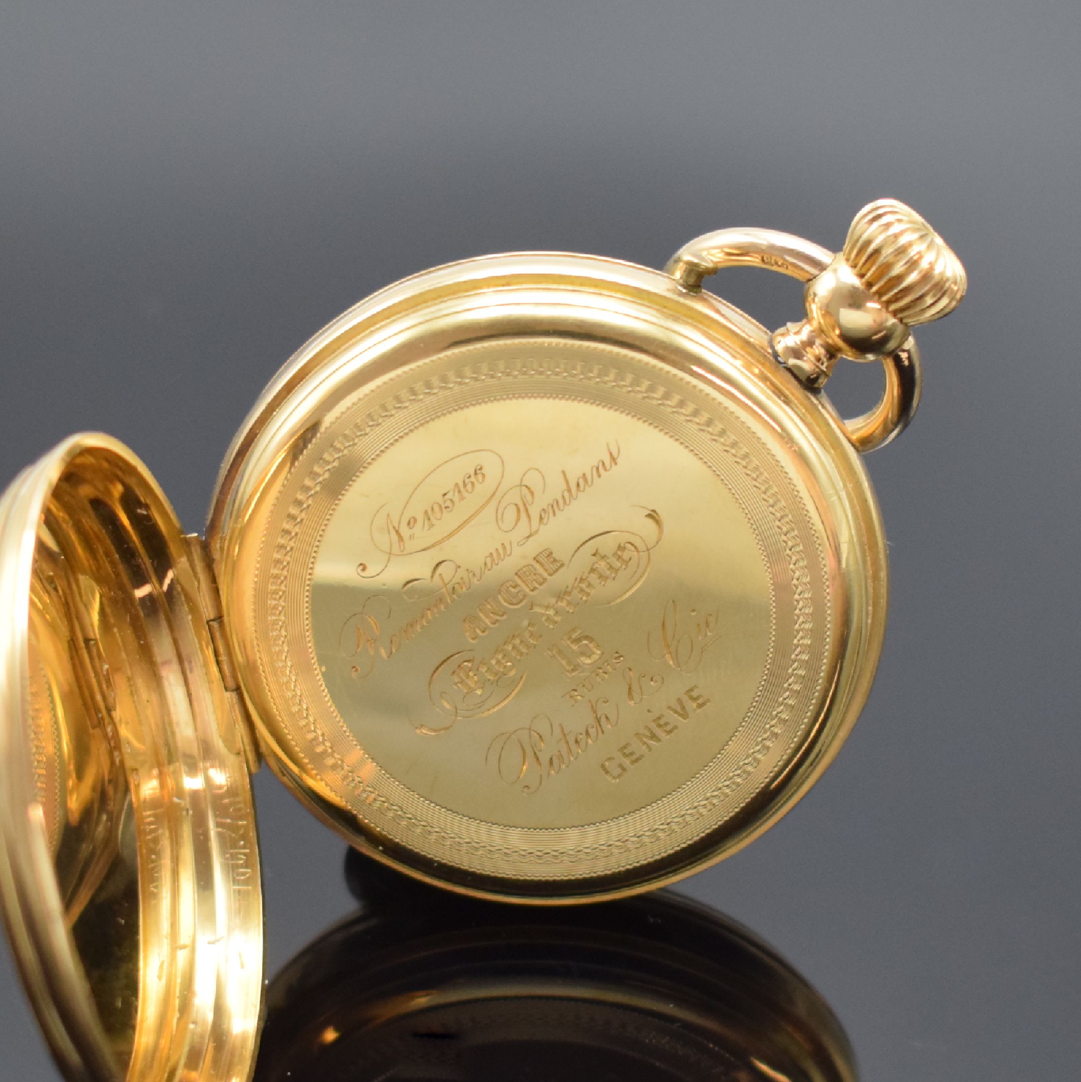 Detail c: PATECK & CIE offene Taschenuhr in GG 750/000, Schweiz um 1870, guill. Geh. dell., Emailzifferbl. riss., kl. Sek. bei 6, feine, gebl. Zeiger, ...