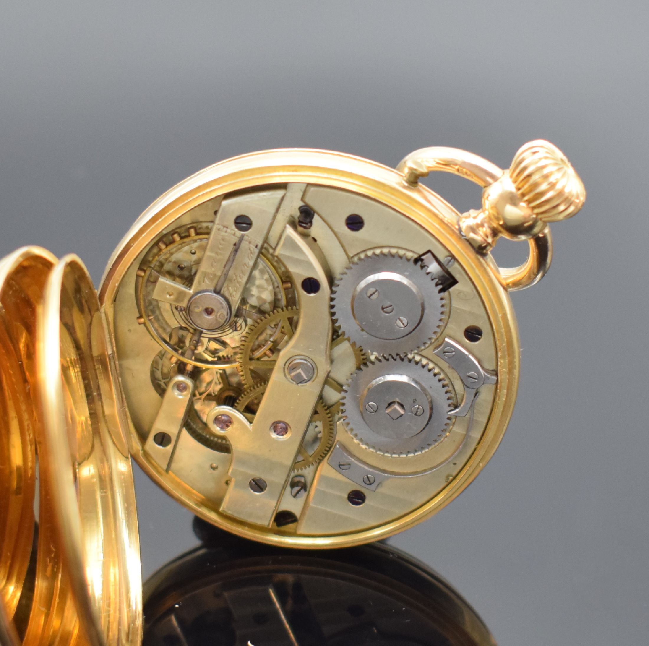 Detail e: PATECK & CIE offene Taschenuhr in GG 750/000, Schweiz um 1870, guill. Geh. dell., Emailzifferbl. riss., kl. Sek. bei 6, feine, gebl. Zeiger, ...