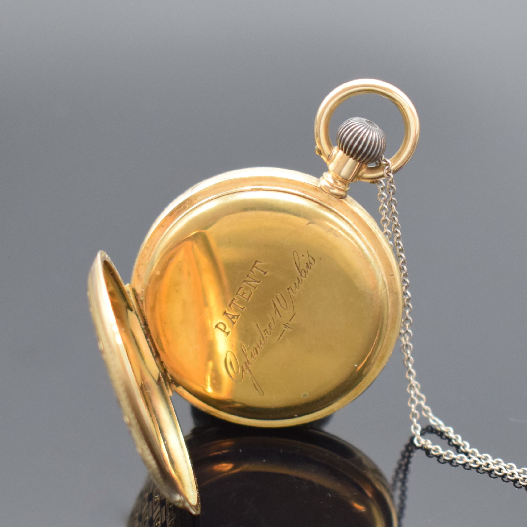 Detail c: Offene Damentaschenuhr in Roségold 585/000, Schweiz um 1880, graviertes & schwarz emailliertes Geh., Email besch., verg. Cuv., Emailzifferbl. riss., ...