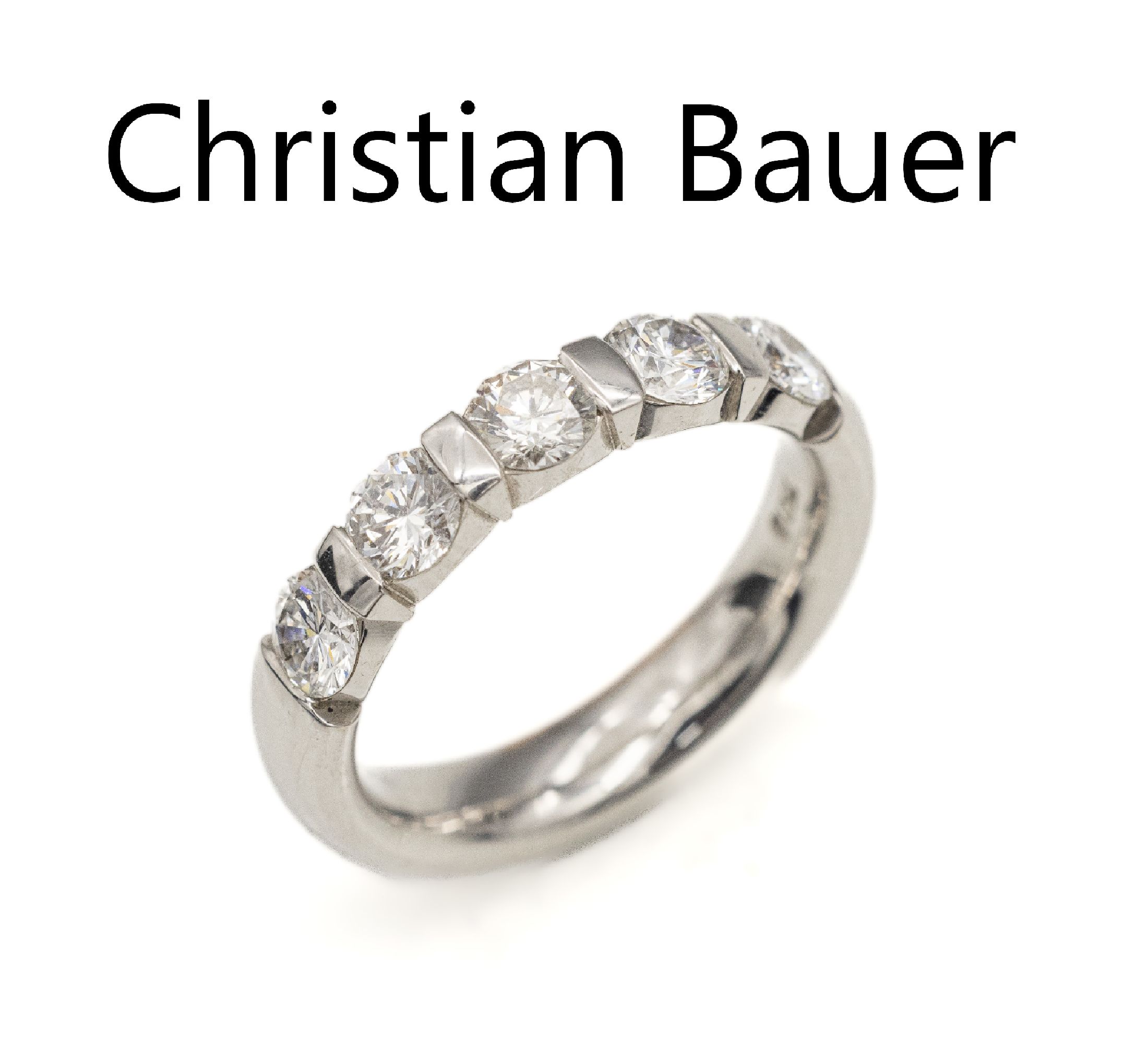 18 kt Gold Brillant-Ring, WG 750/000, 5 Brillanten zus. ca. 1.28 ct feines Weiß/si (Angaben grav.), RW 55, ca. 8.6 g, Meistermarke Christian Bauer
