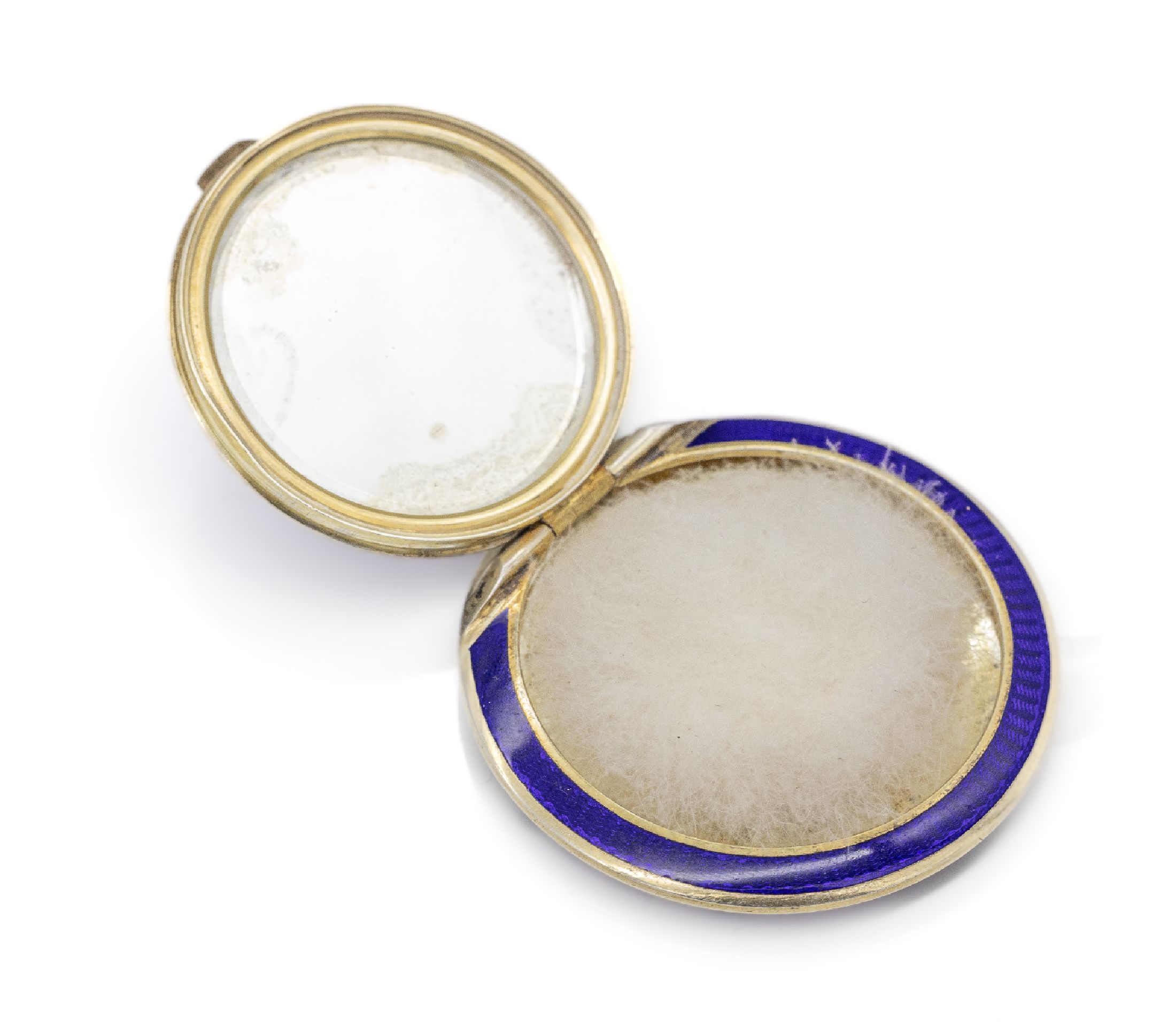 Detail a: Puderdose, Österreich/Wien 1922-1954, 935erSilber verg., rund, D. ca. 4.6 cm, Deckel mit Klappscharnier, royalblaues transluzides Emailauf ...