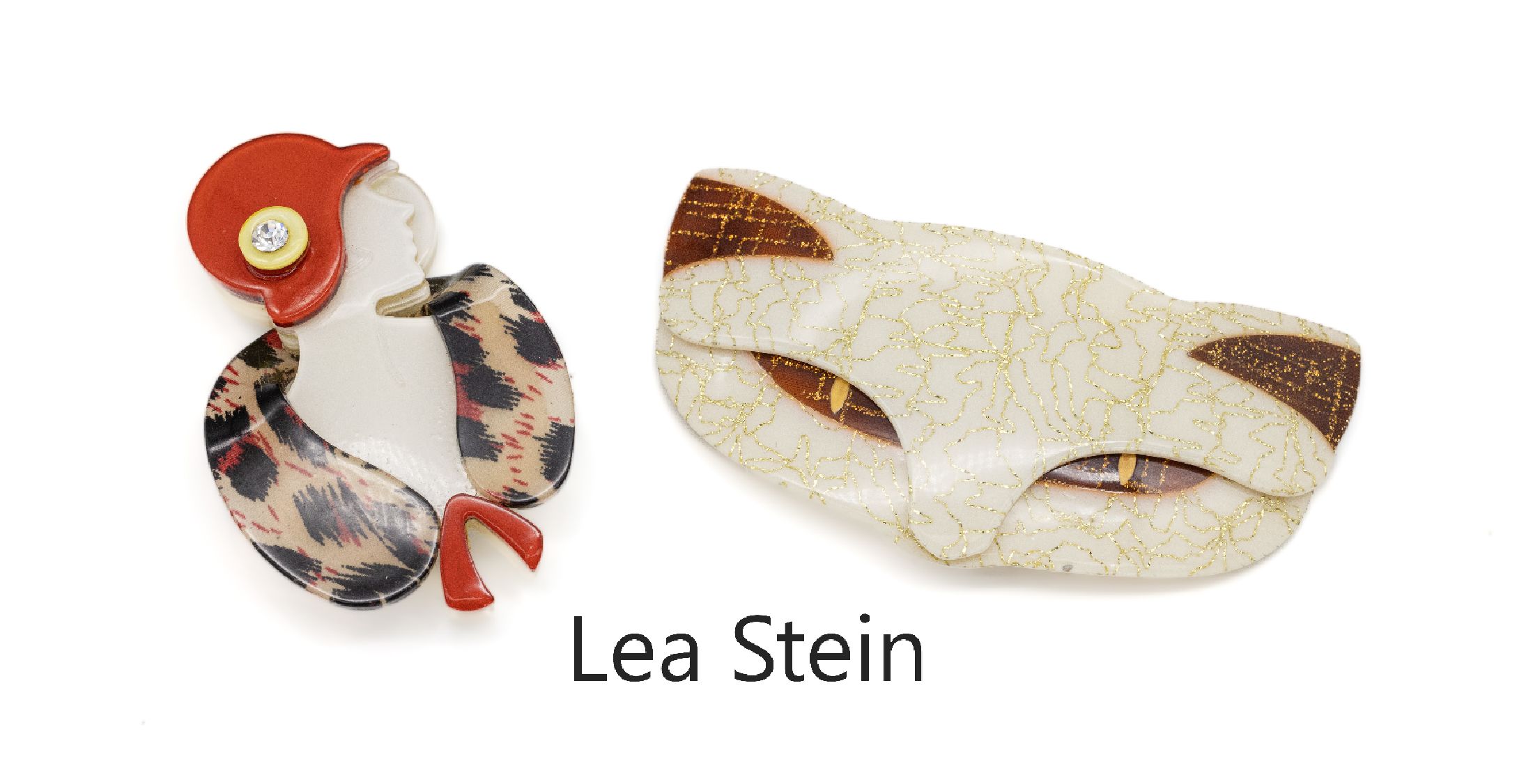 Konvolut 2 LEA STEIN Broschen, Paris 1970er Jahre, best. aus: 1 x Fuchs mit eingelegten goldfarb. Fäden, ca. 9 x 4.5 cm, und 1 x in Form einer Dame ...