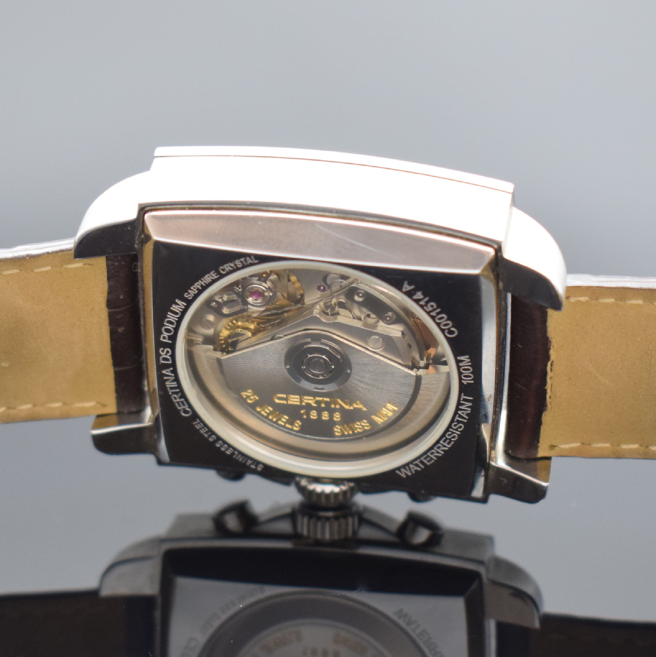 Detail e: CERTINA Armbandchronograph DS Podium in Stahl, Schweiz verk. lt. beil. Pap. 06/2008, Automatik, beids. vergl. Geh. inkl. orig. Lederband m. dopp. ...